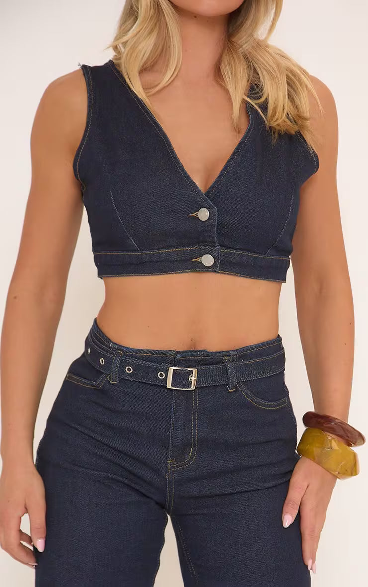 TOP SEM ASSUNTA SMANICATO 2 BOTTONI DENIM SCURO CROP