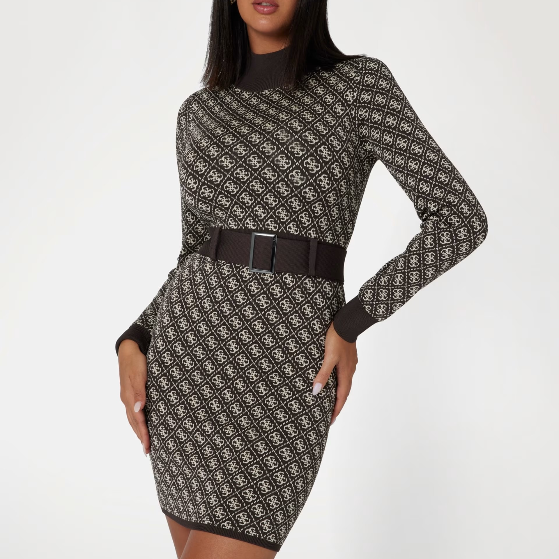 VESTITO GUESS LISE 4G ALLOVER MANICA LUNGA CON CINTA