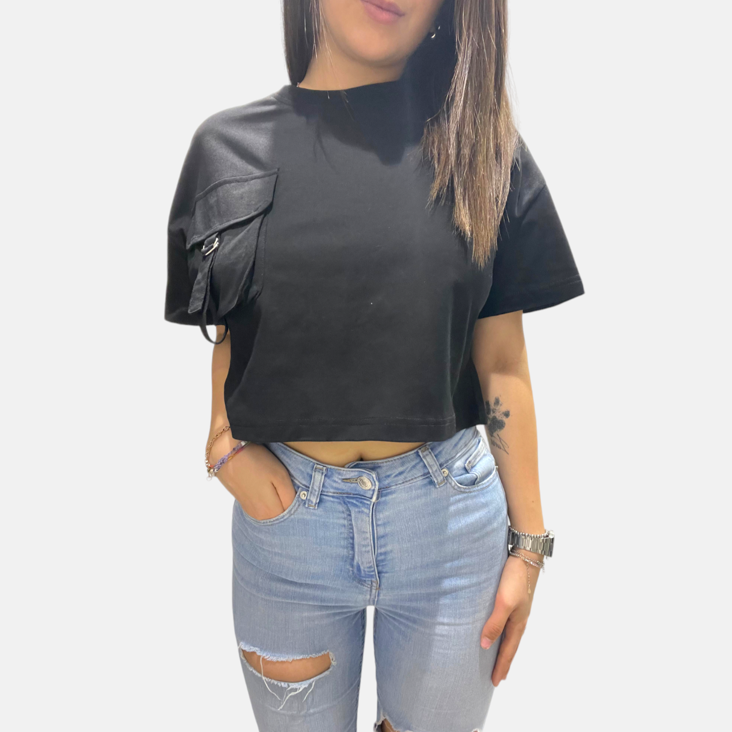 TSHIRT ELISABETTA CROP OVERSIZE CON TASCHINO