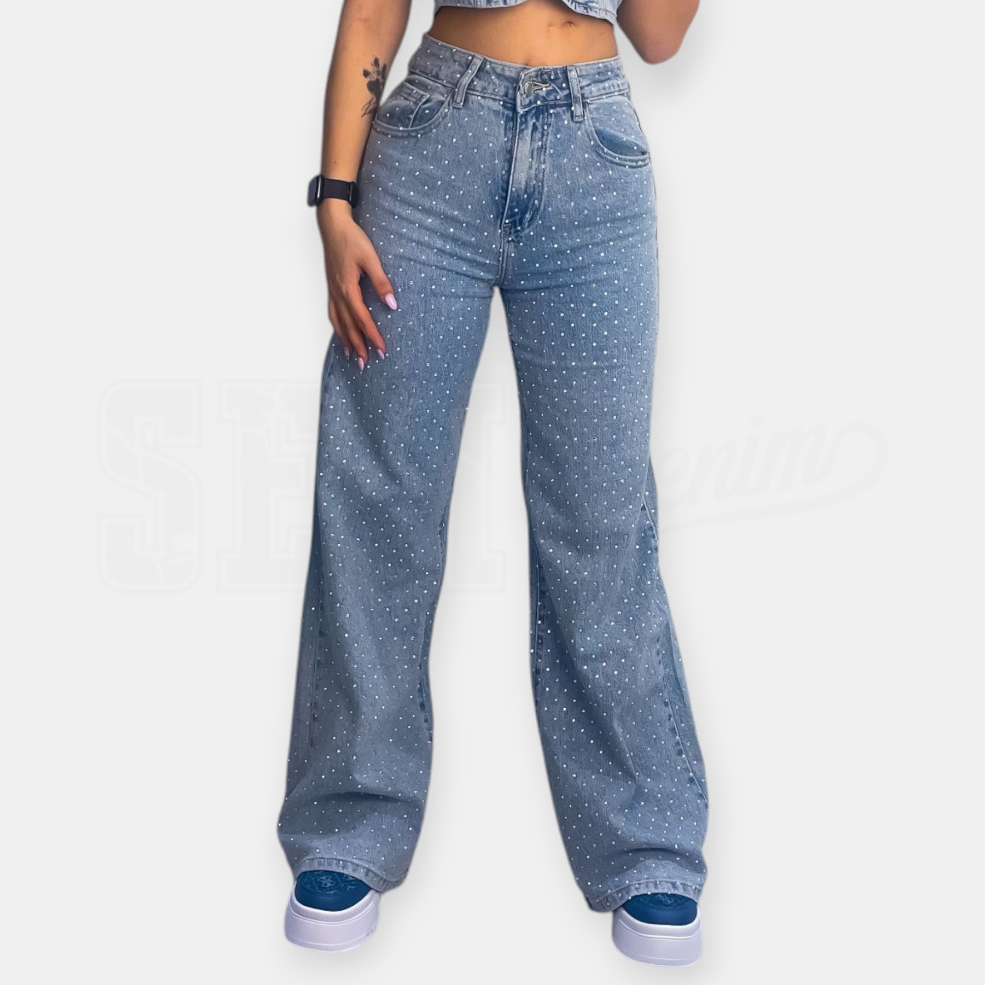 JEANS SEM AGNES WIDE LEG FULL STRASS VITA ALTA/LOOSE FIT