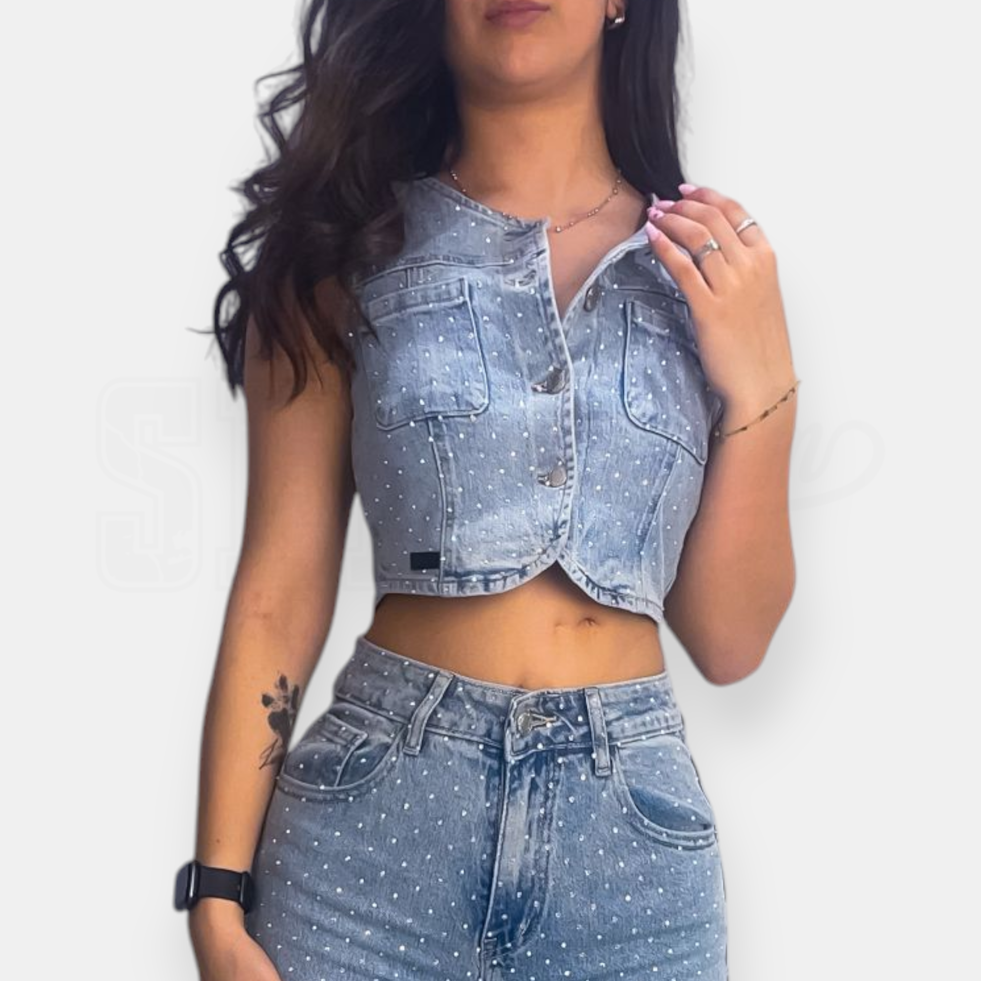 GILET SEM ALICE CROP IN DENIM AGNES FULL STRASS