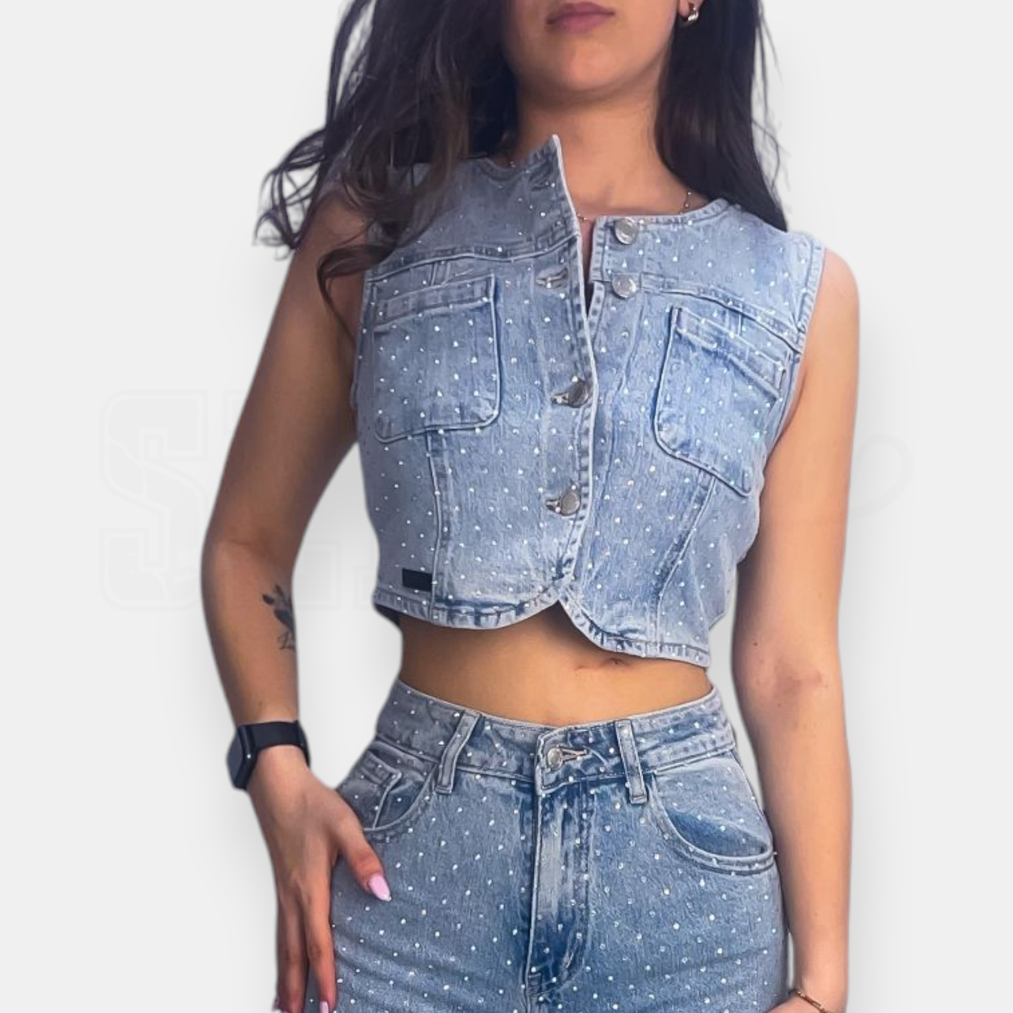GILET SEM ALICE CROP IN DENIM AGNES FULL STRASS