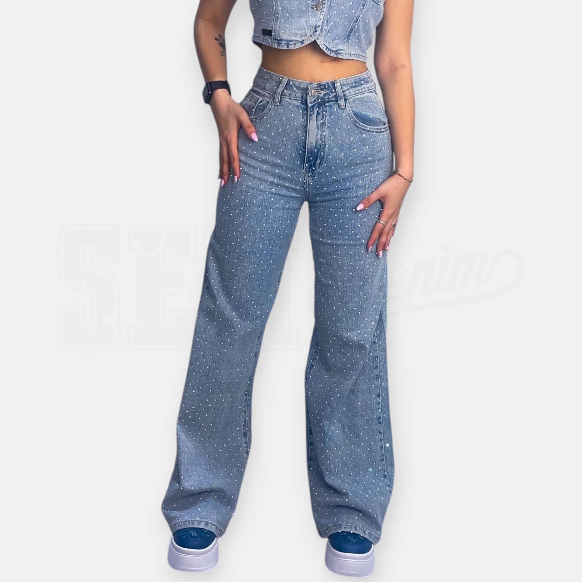 JEANS SEM AGNES WIDE LEG FULL STRASS VITA ALTA/LOOSE FIT