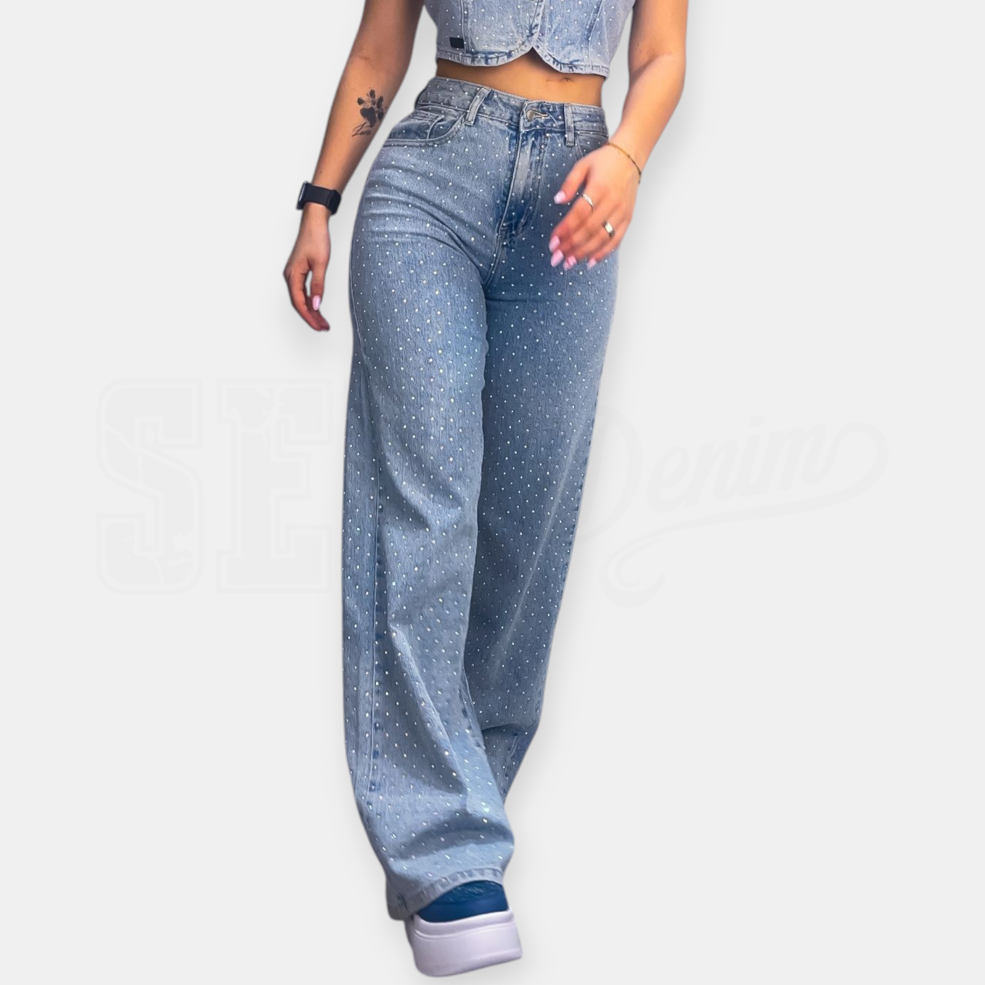 JEANS SEM AGNES WIDE LEG FULL STRASS VITA ALTA/LOOSE FIT