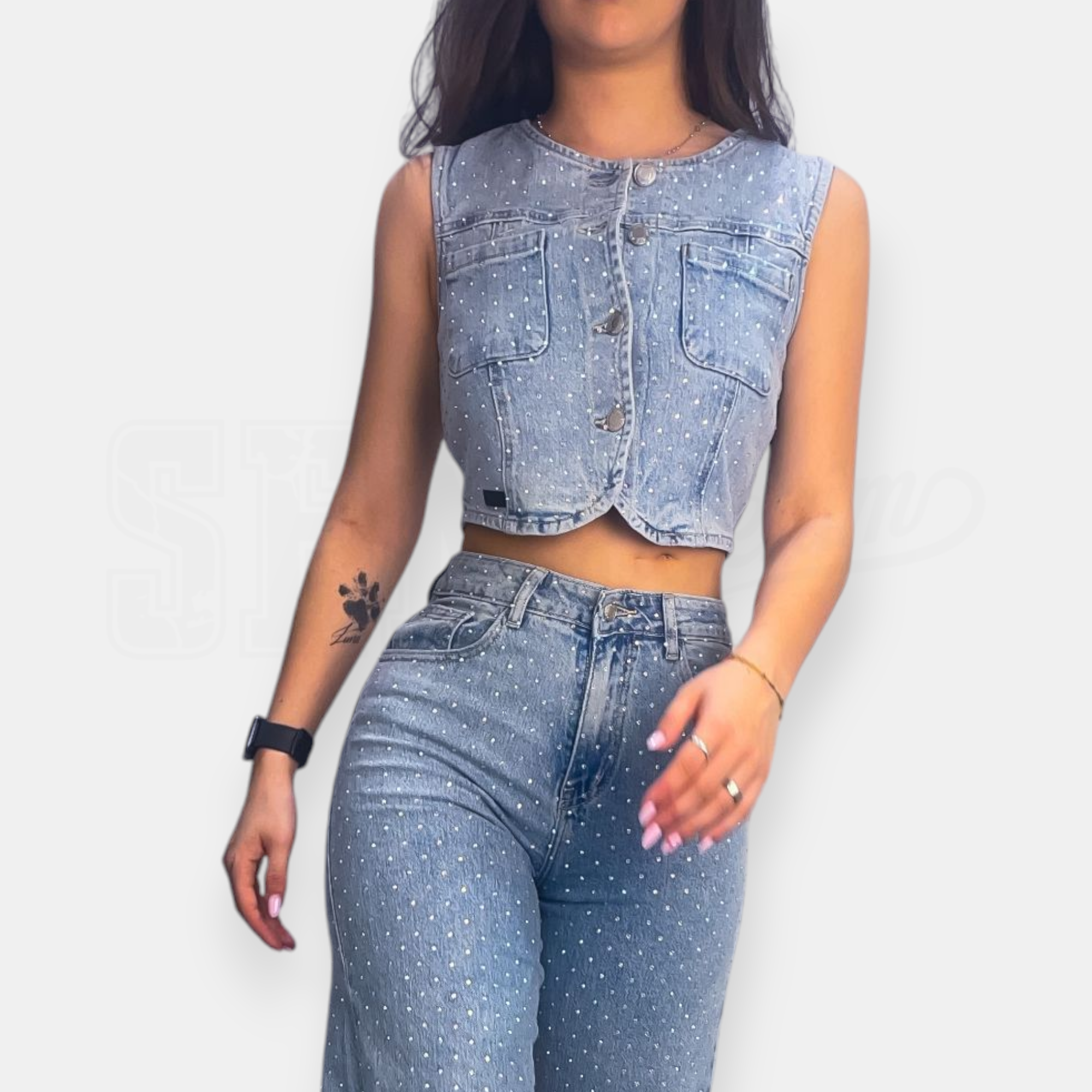 GILET SEM ALICE CROP IN DENIM AGNES FULL STRASS