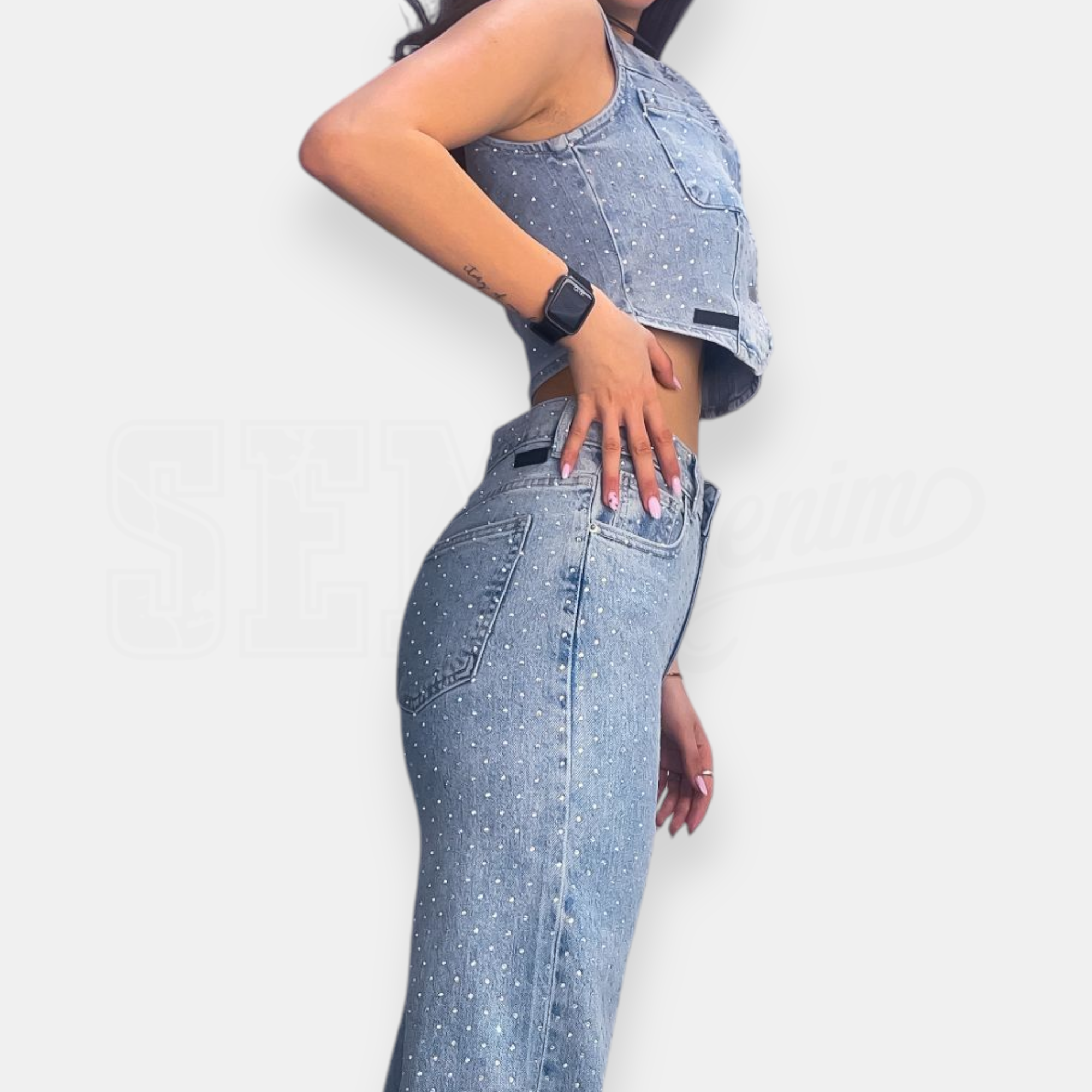 GILET SEM ALICE CROP IN DENIM AGNES FULL STRASS