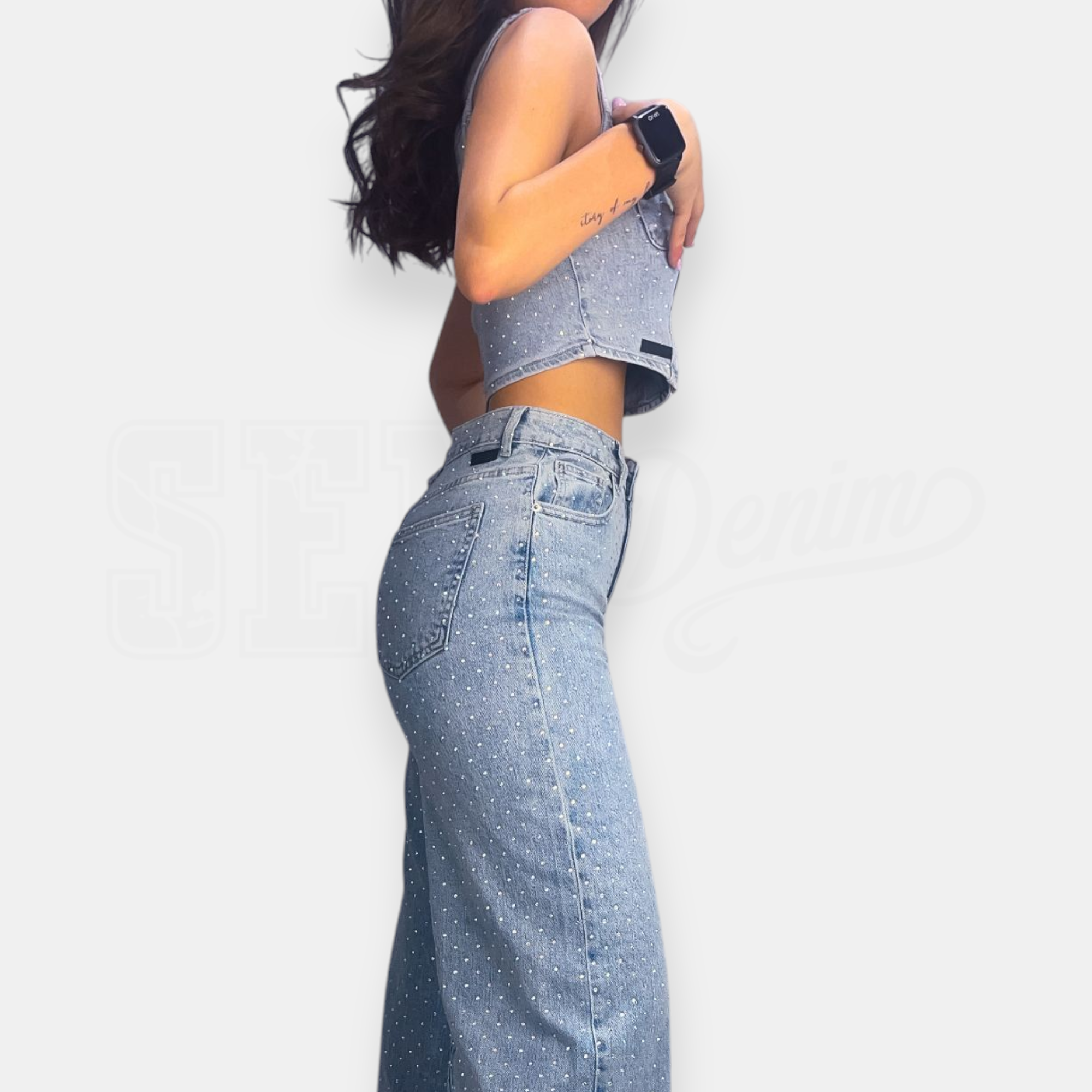 JEANS SEM AGNES WIDE LEG FULL STRASS VITA ALTA/LOOSE FIT