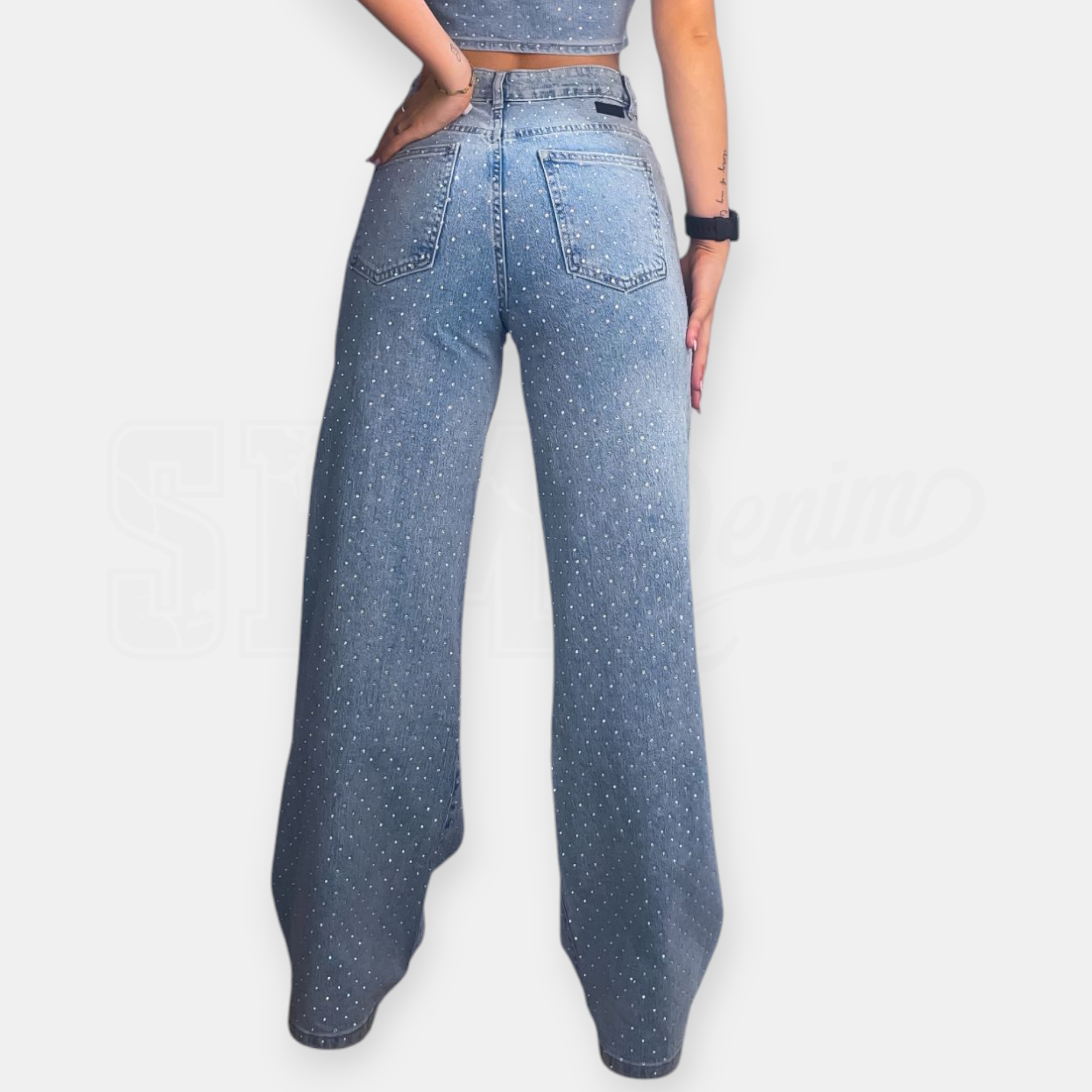 JEANS SEM AGNES WIDE LEG FULL STRASS VITA ALTA/LOOSE FIT