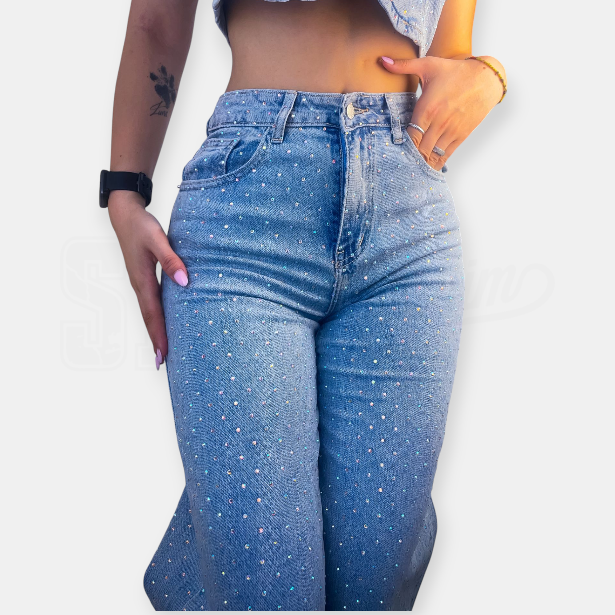 JEANS SEM AGNES WIDE LEG FULL STRASS VITA ALTA/LOOSE FIT