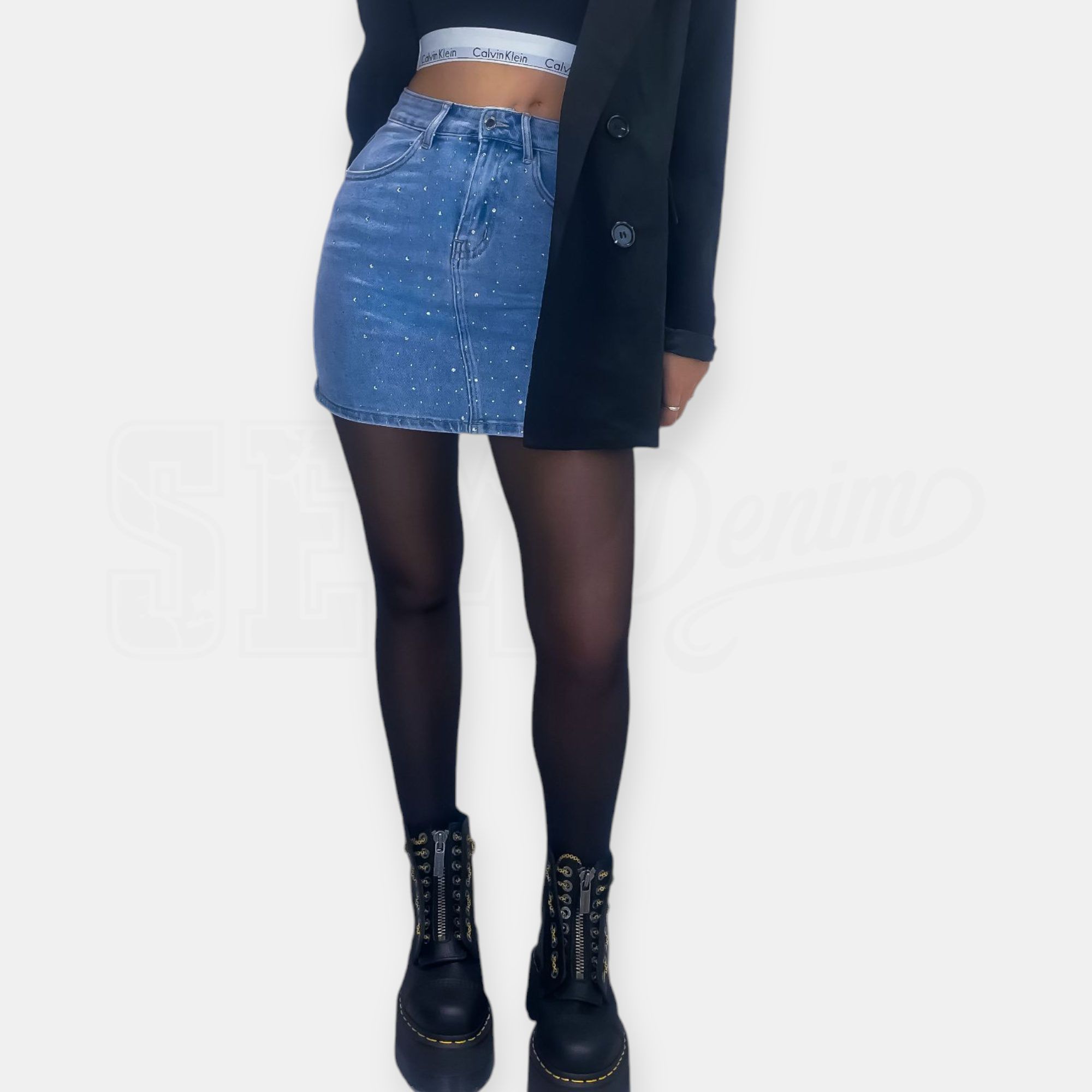 GONNA SEM RAYSSA MINI IN DENIM FULL STRASS