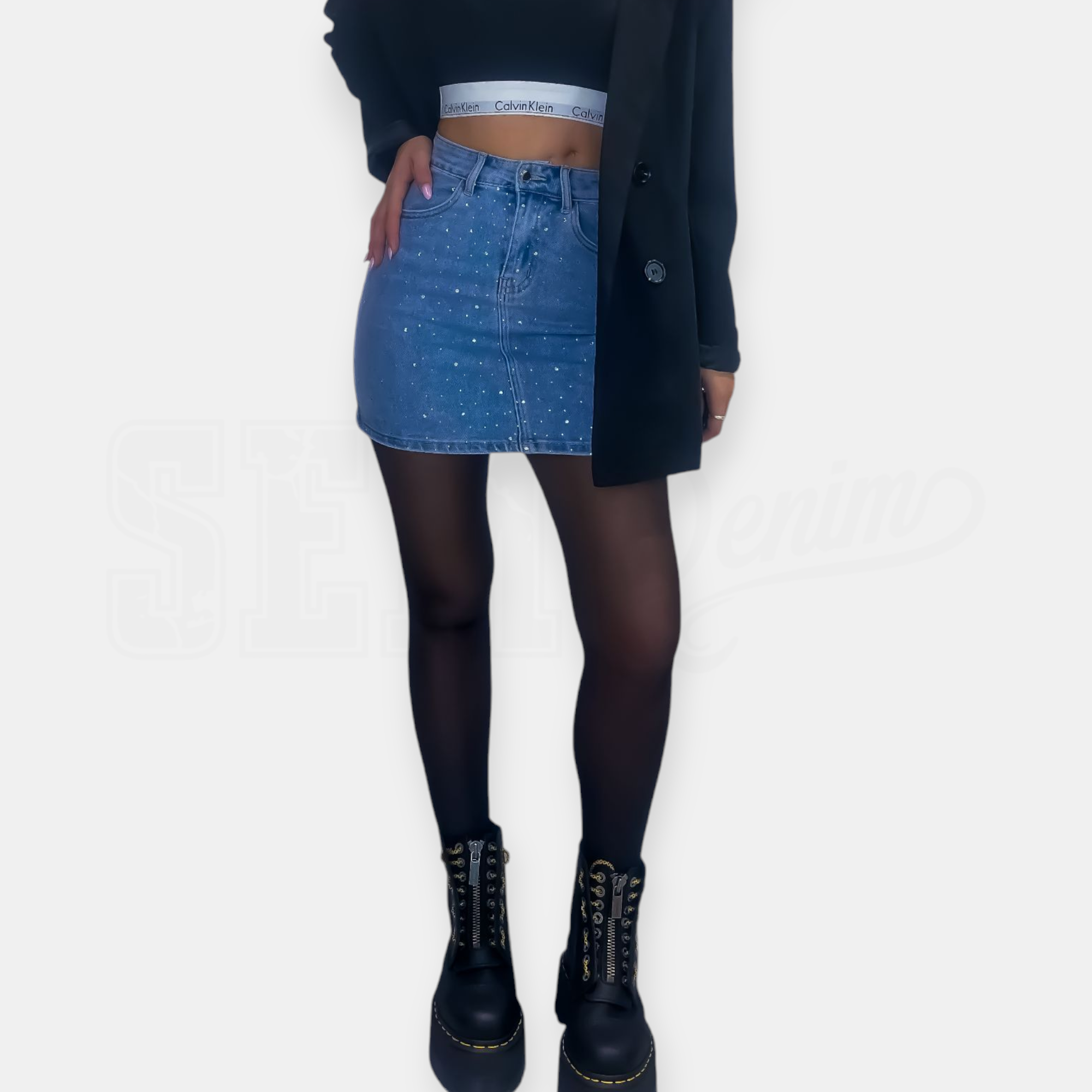 GONNA SEM RAYSSA MINI IN DENIM FULL STRASS