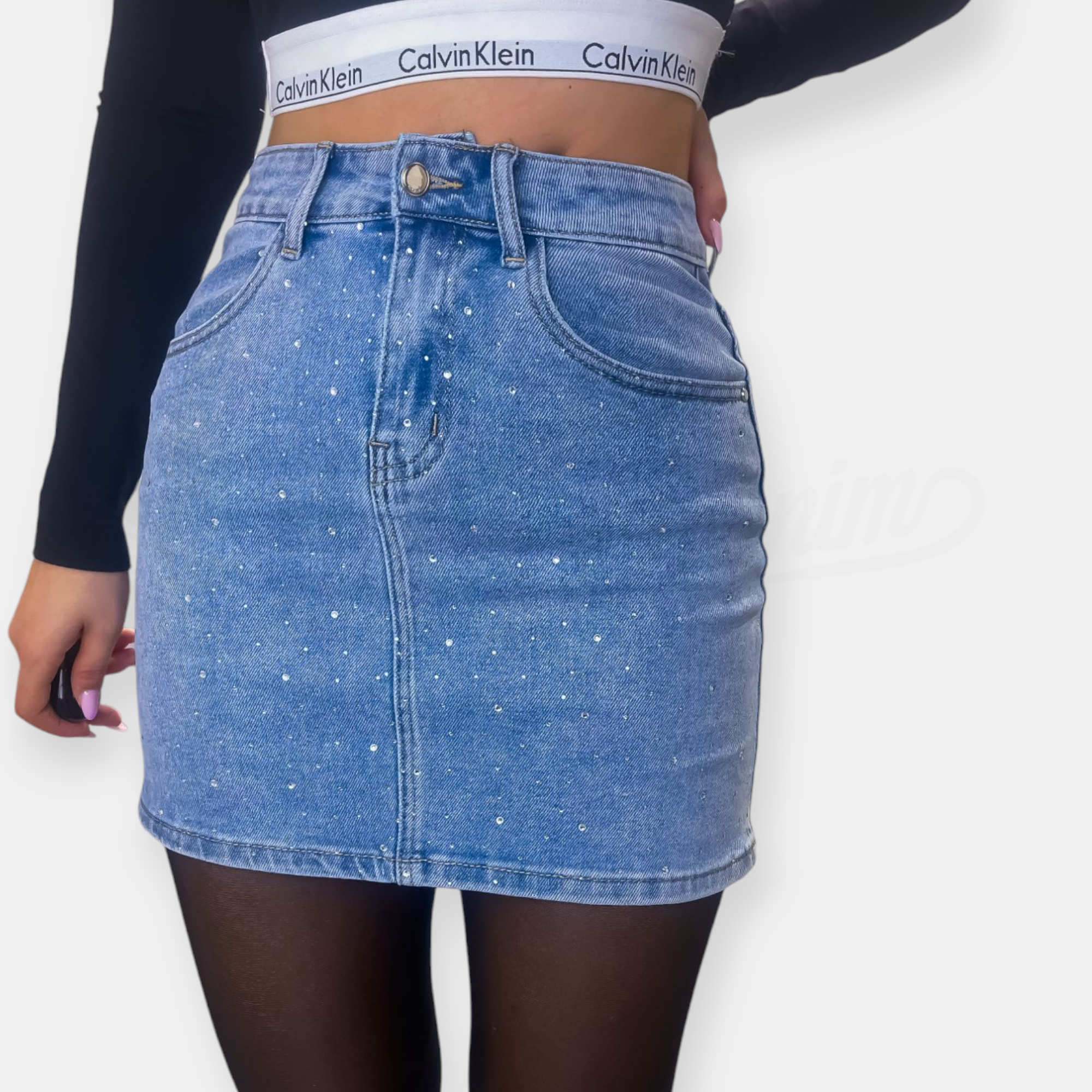 GONNA SEM RAYSSA MINI IN DENIM FULL STRASS