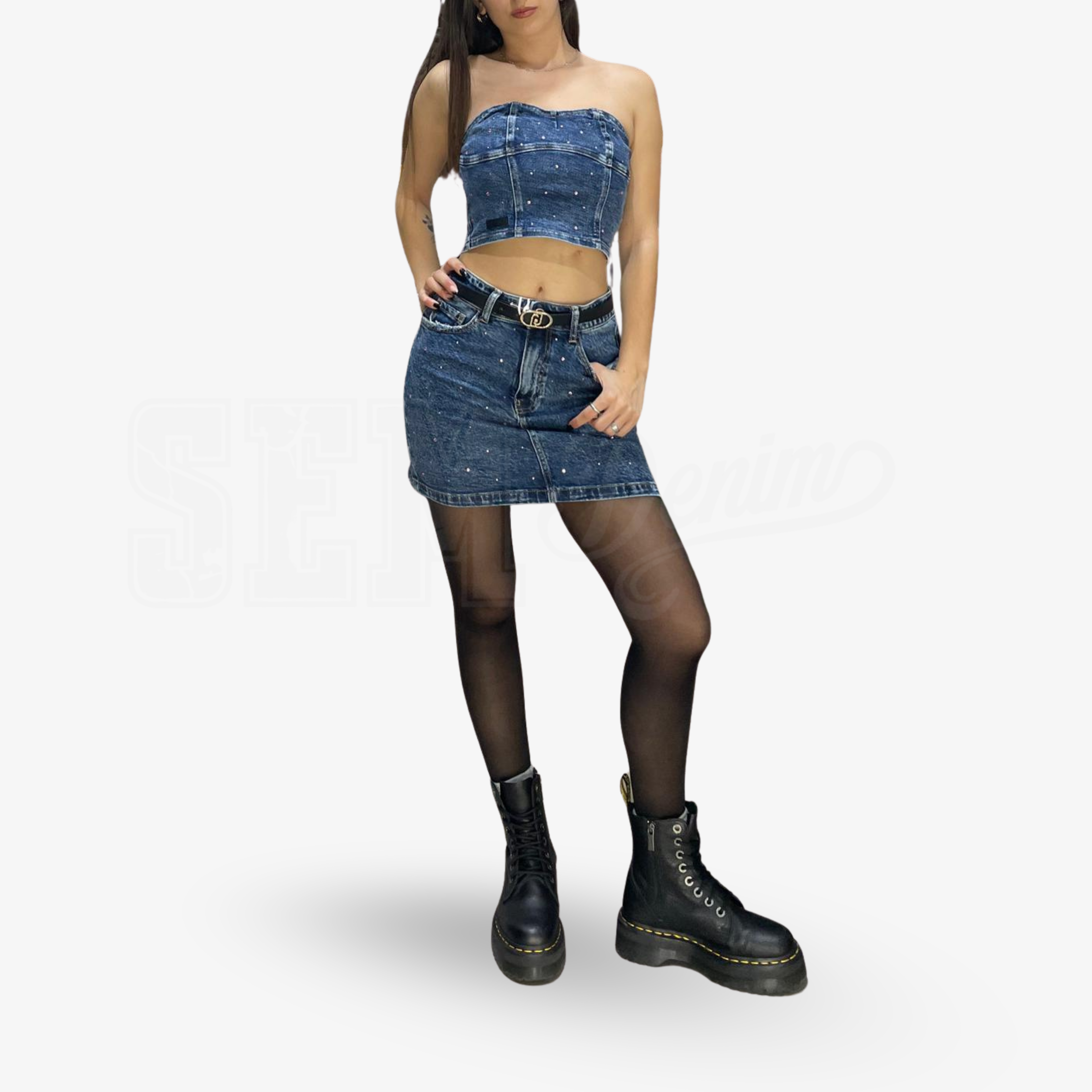 COORDINATO SEM ALESSIA MINIGONNA E TOP DENIM STRASS ROSATO