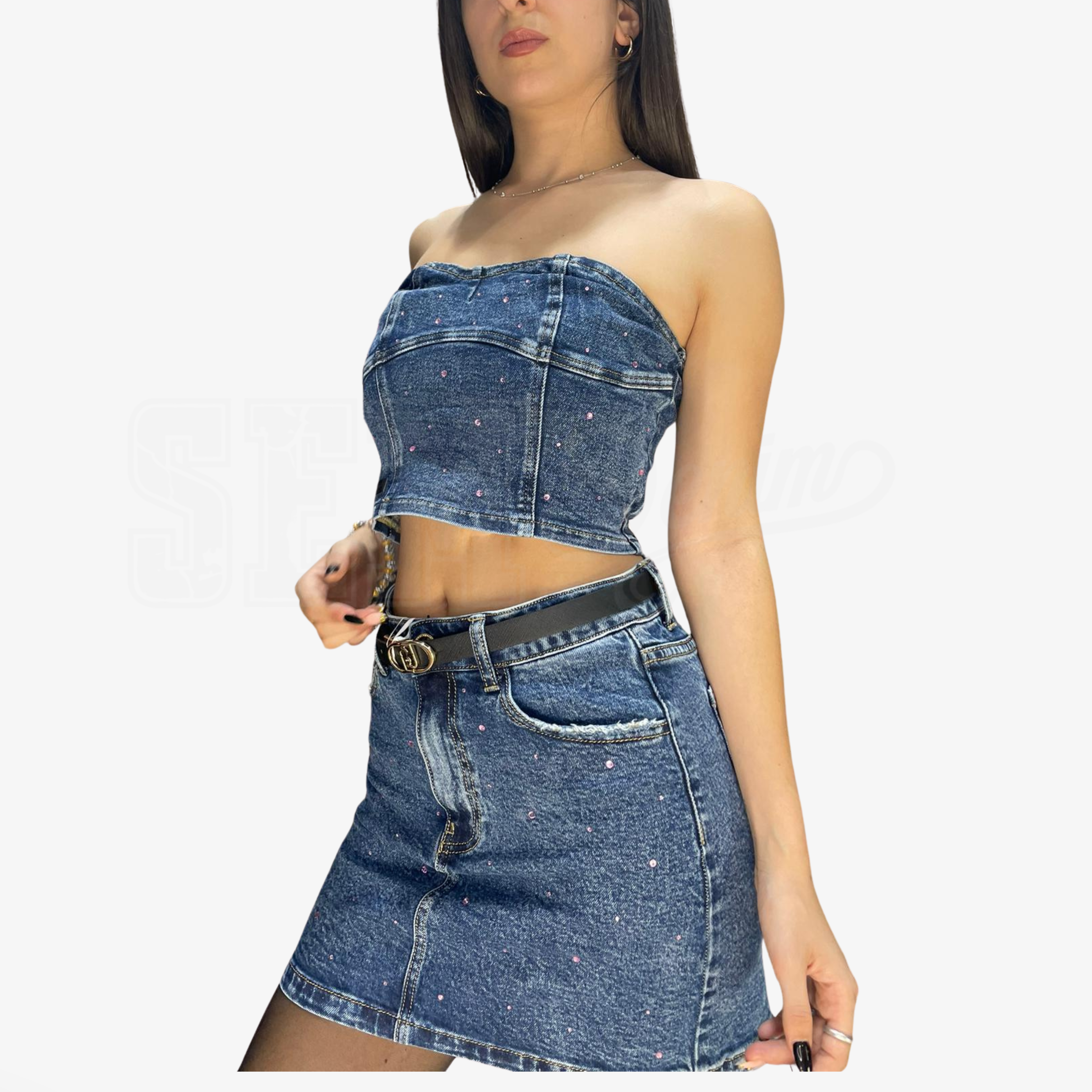 COORDINATO SEM ALESSIA MINIGONNA E TOP DENIM STRASS ROSATO