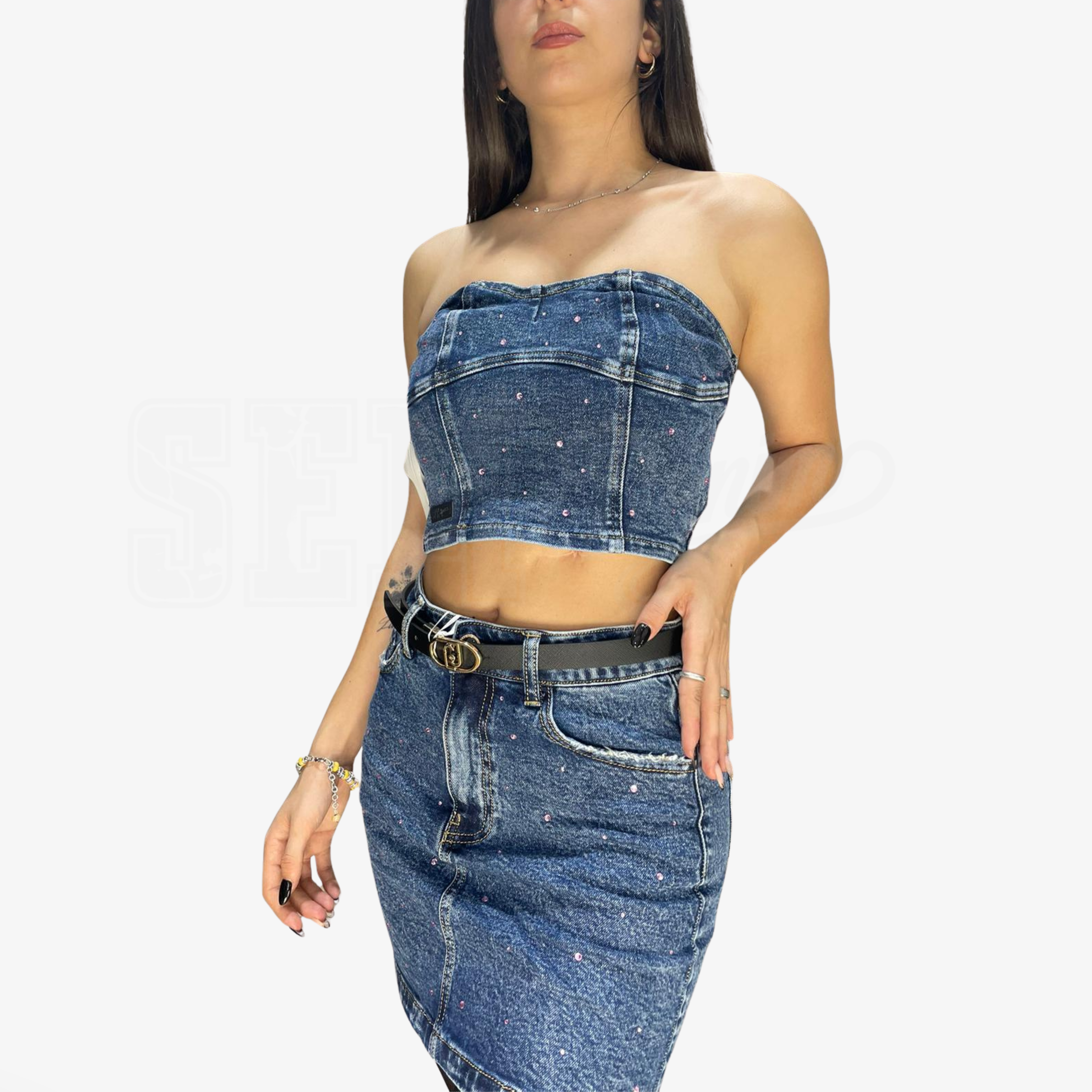 COORDINATO SEM ALESSIA MINIGONNA E TOP DENIM STRASS ROSATO