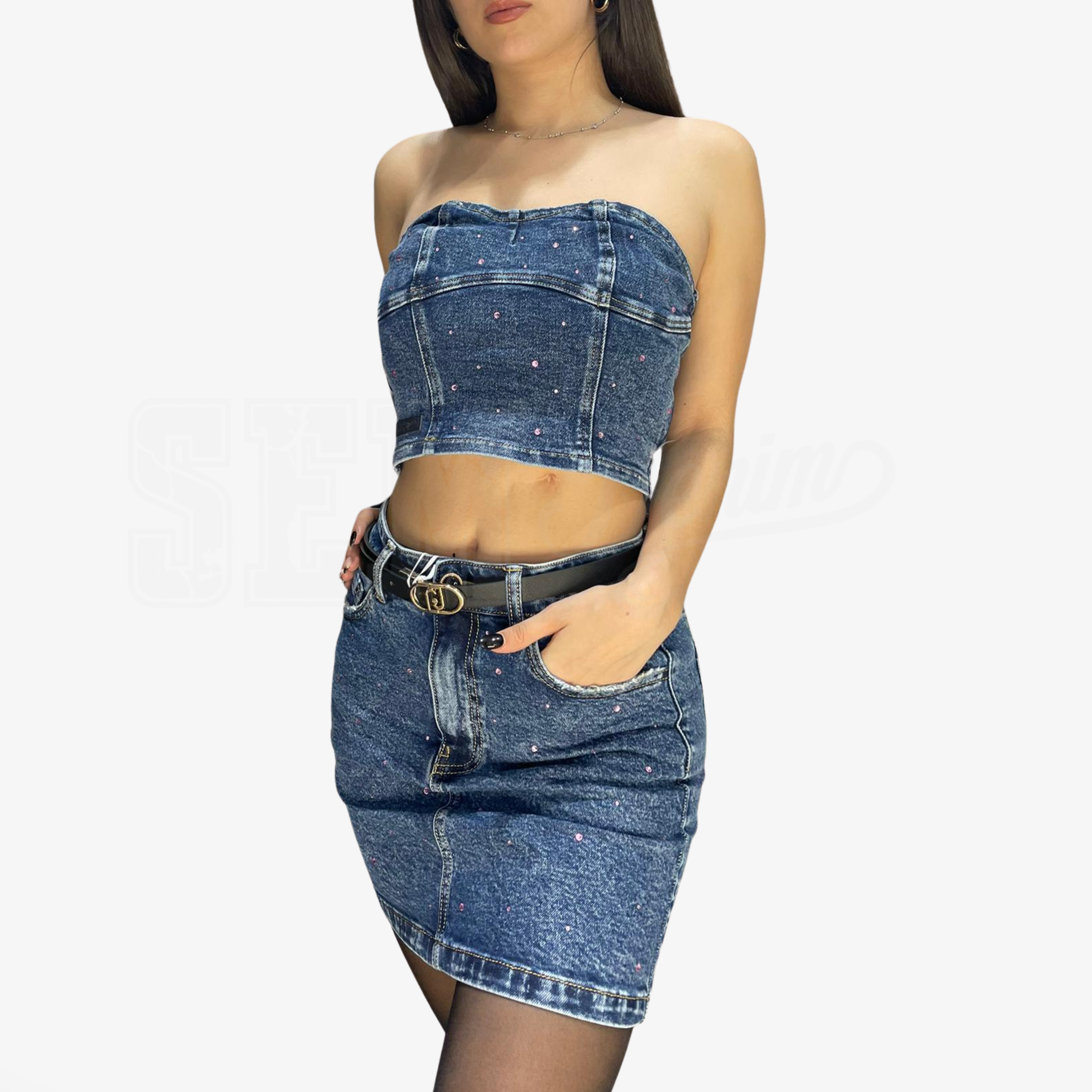 COORDINATO SEM ALESSIA MINIGONNA E TOP DENIM STRASS ROSATO