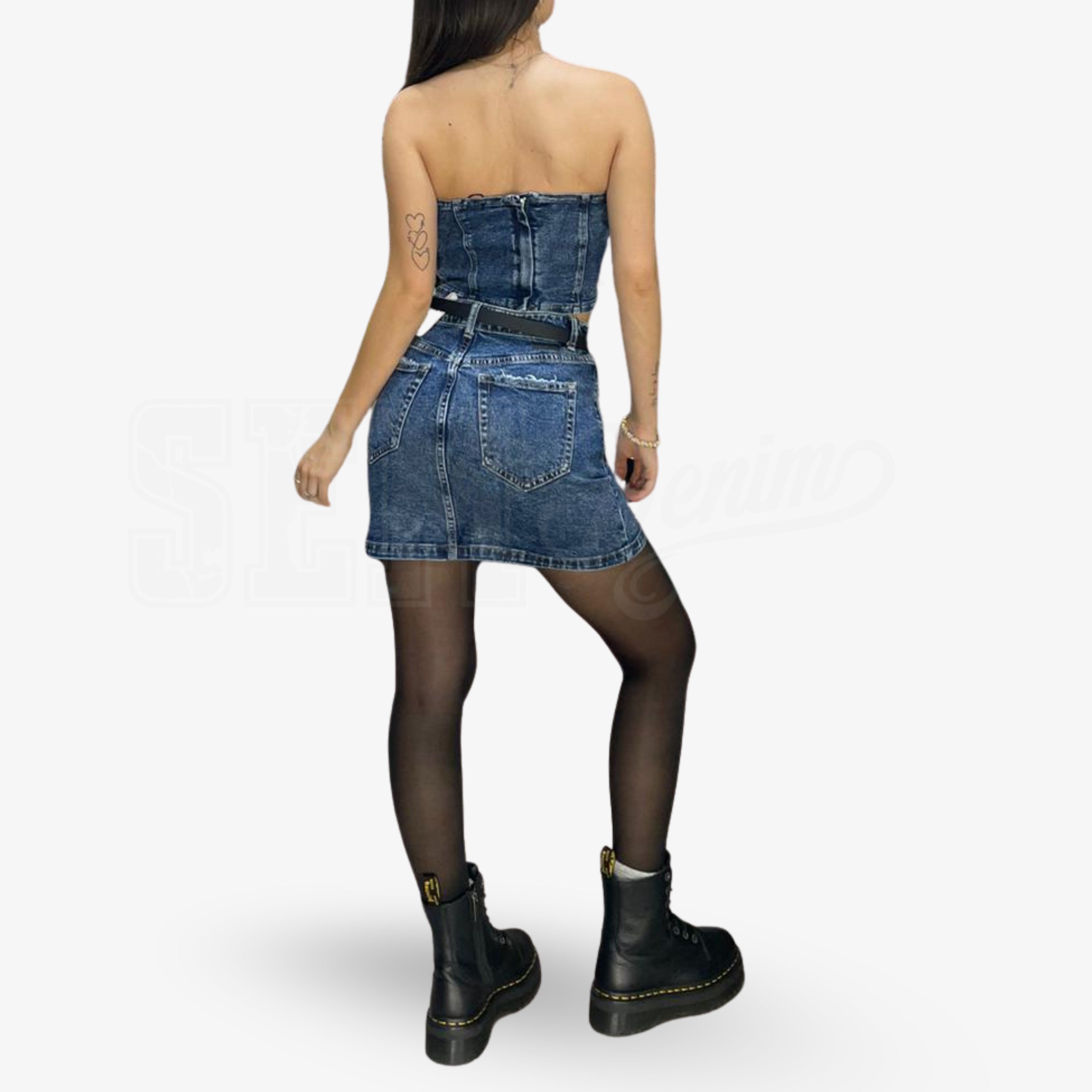 COORDINATO SEM ALESSIA MINIGONNA E TOP DENIM STRASS ROSATO