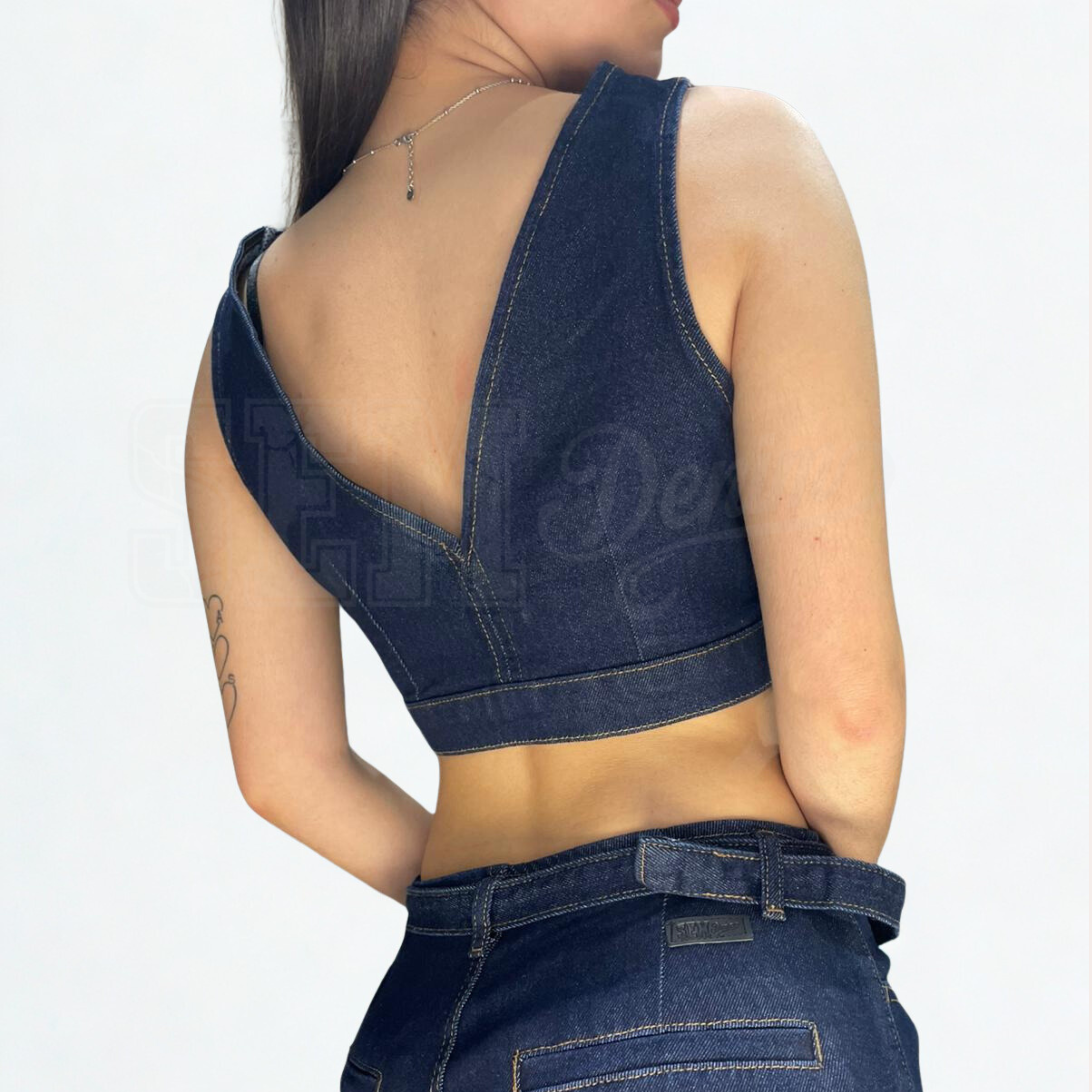TOP SEM ASSUNTA SMANICATO 2 BOTTONI DENIM SCURO CROP