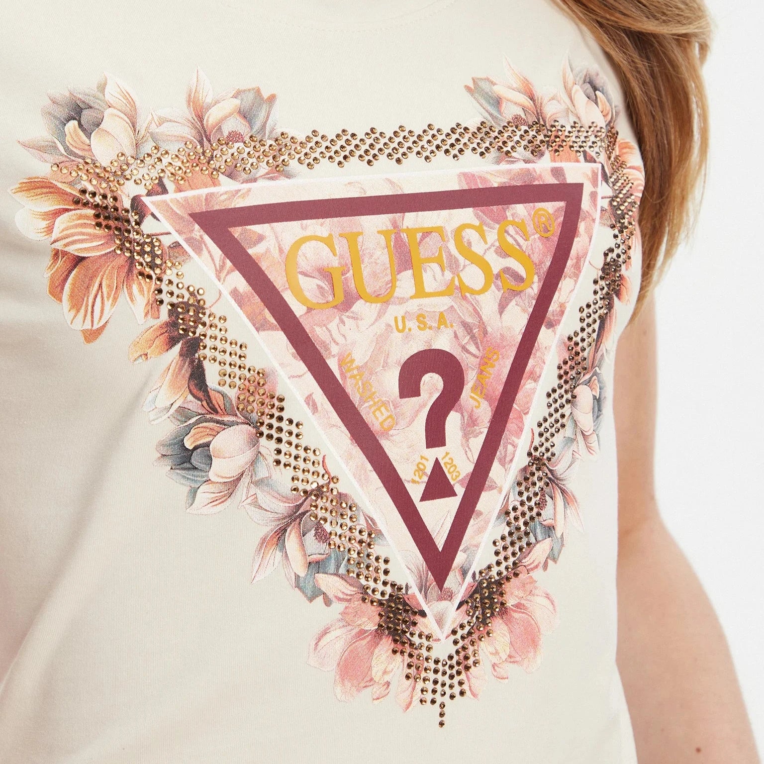 TSHIRT GUESS TRIANGLE FLOWERS SLIM FIT