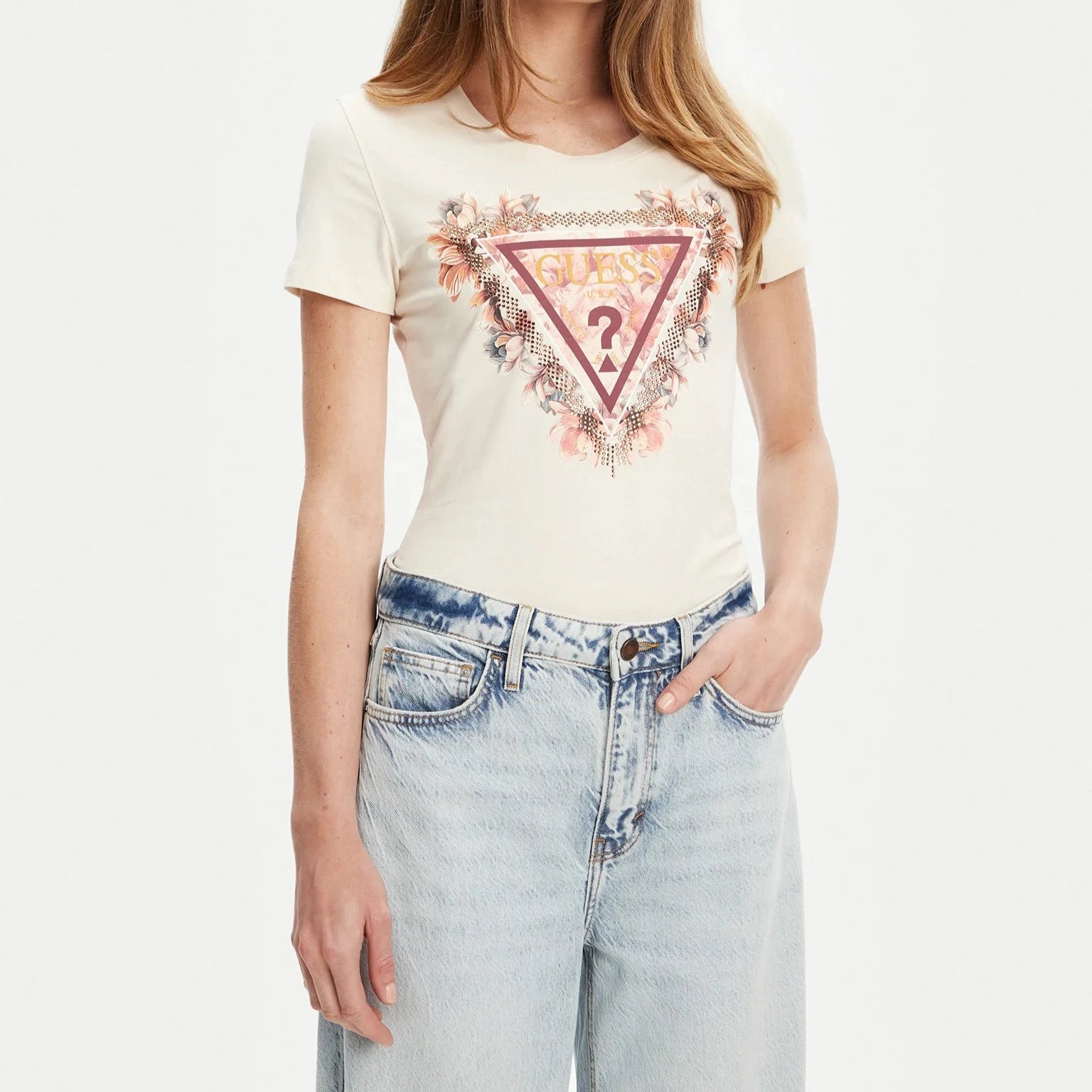 TSHIRT GUESS TRIANGLE FLOWERS SLIM FIT