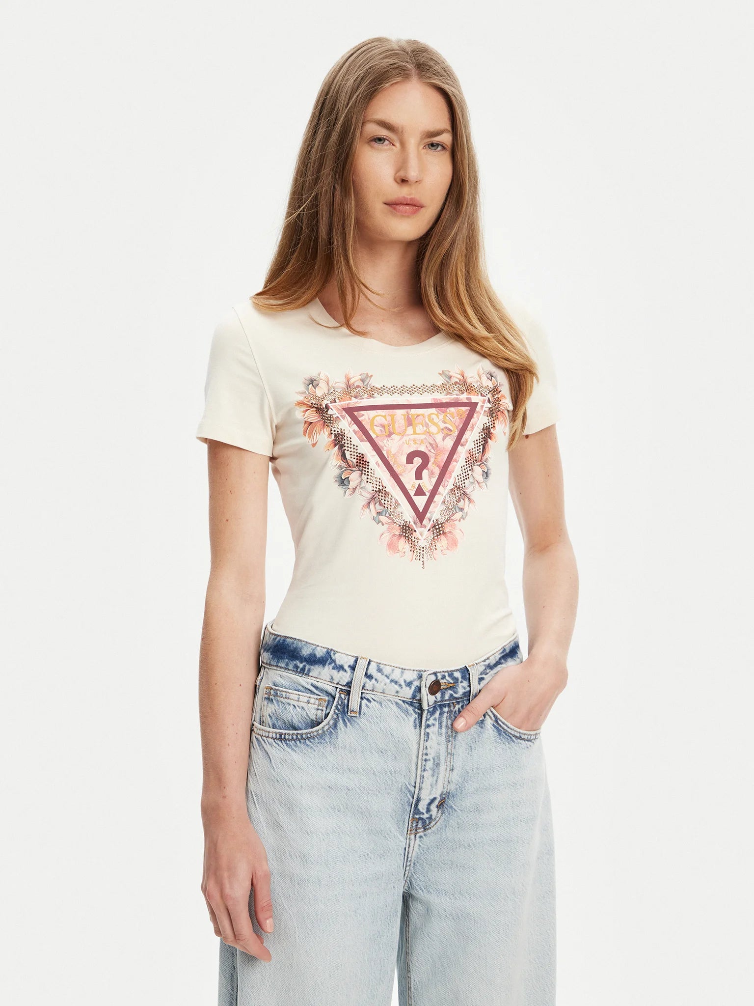 TSHIRT GUESS TRIANGLE FLOWERS SLIM FIT