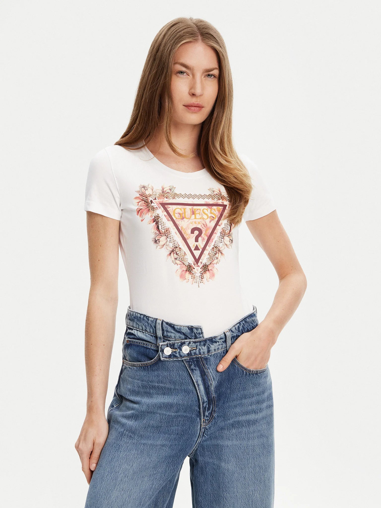 TSHIRT GUESS TRIANGLE FLOWERS SLIM FIT