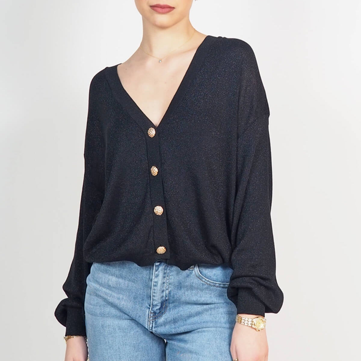 CARDIGAN SEM ANASTASIA SCOLLO V BOTTONATO IN LUREX OVER