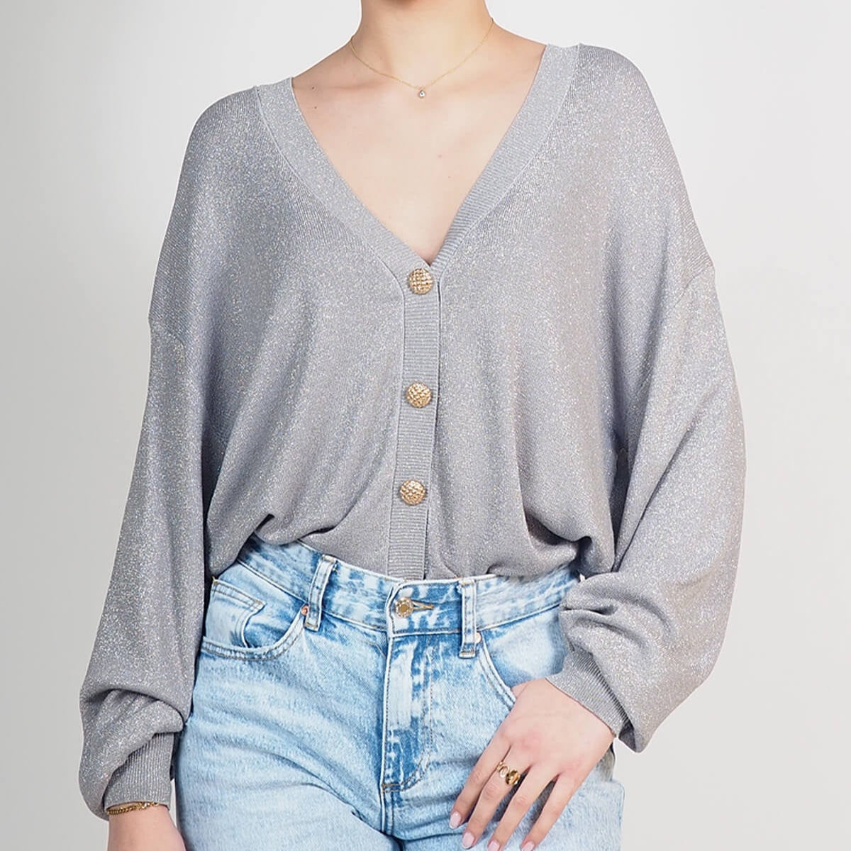 CARDIGAN SEM ANASTASIA SCOLLO V BOTTONATO IN LUREX OVER