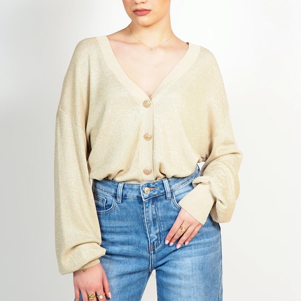 CARDIGAN SEM ANASTASIA SCOLLO V BOTTONATO IN LUREX OVER