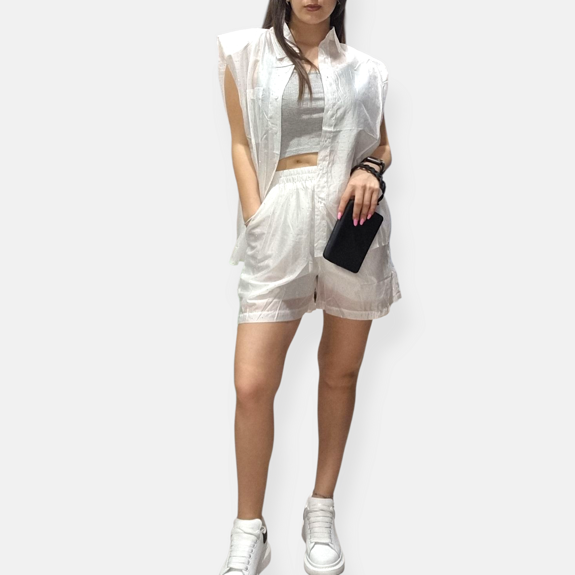 COORDINATO CAMCAMICIA SMANICATO SPALLINE IMB. E SHORT STRASS