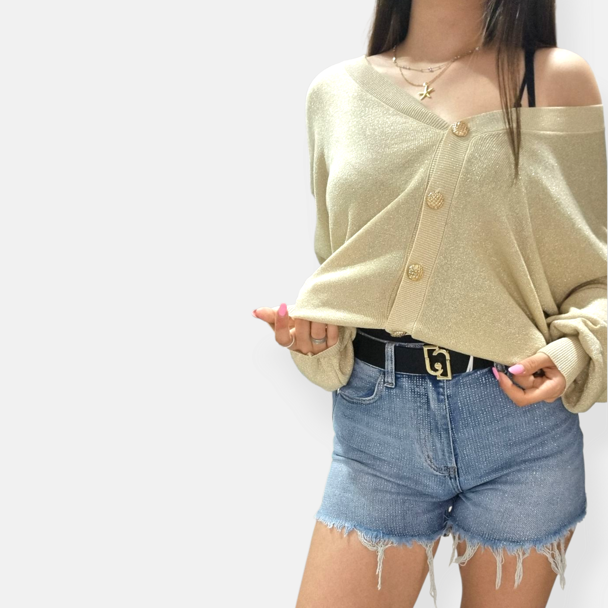 CARDIGAN SEM ANASTASIA SCOLLO V BOTTONATO IN LUREX OVER