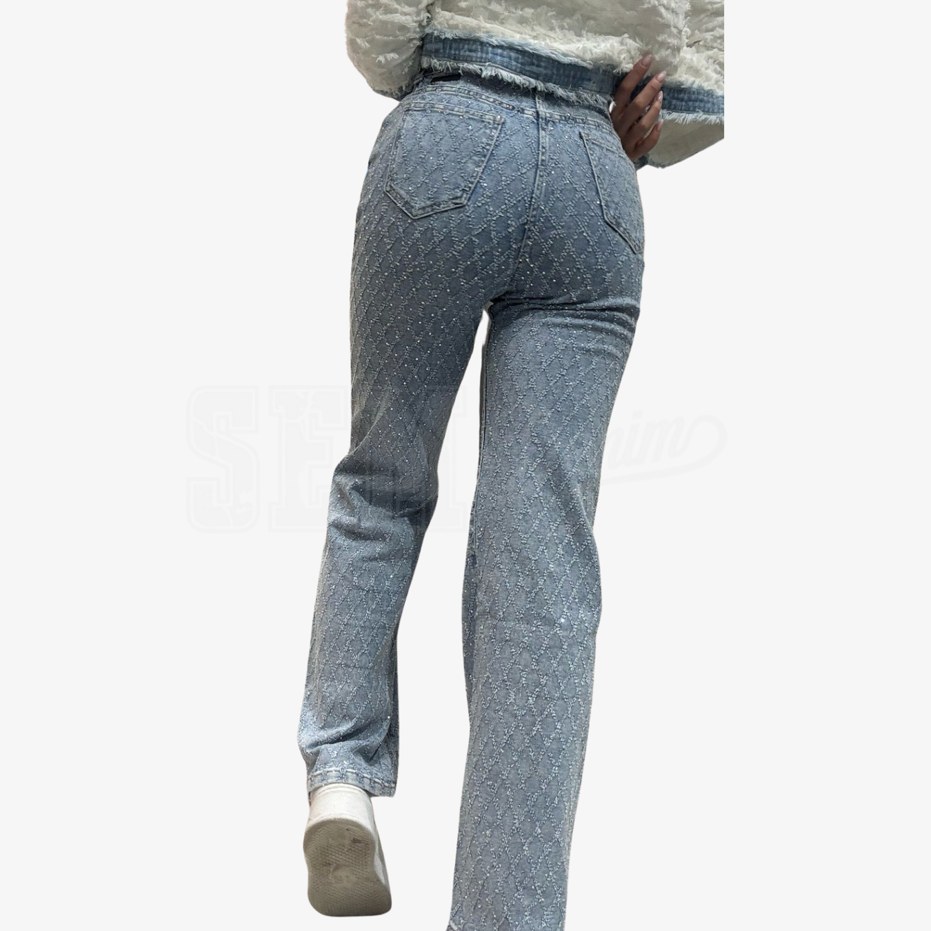 JEANS VITA ALTA STRAIGHT CON TRAMA A ROMBI STRASS