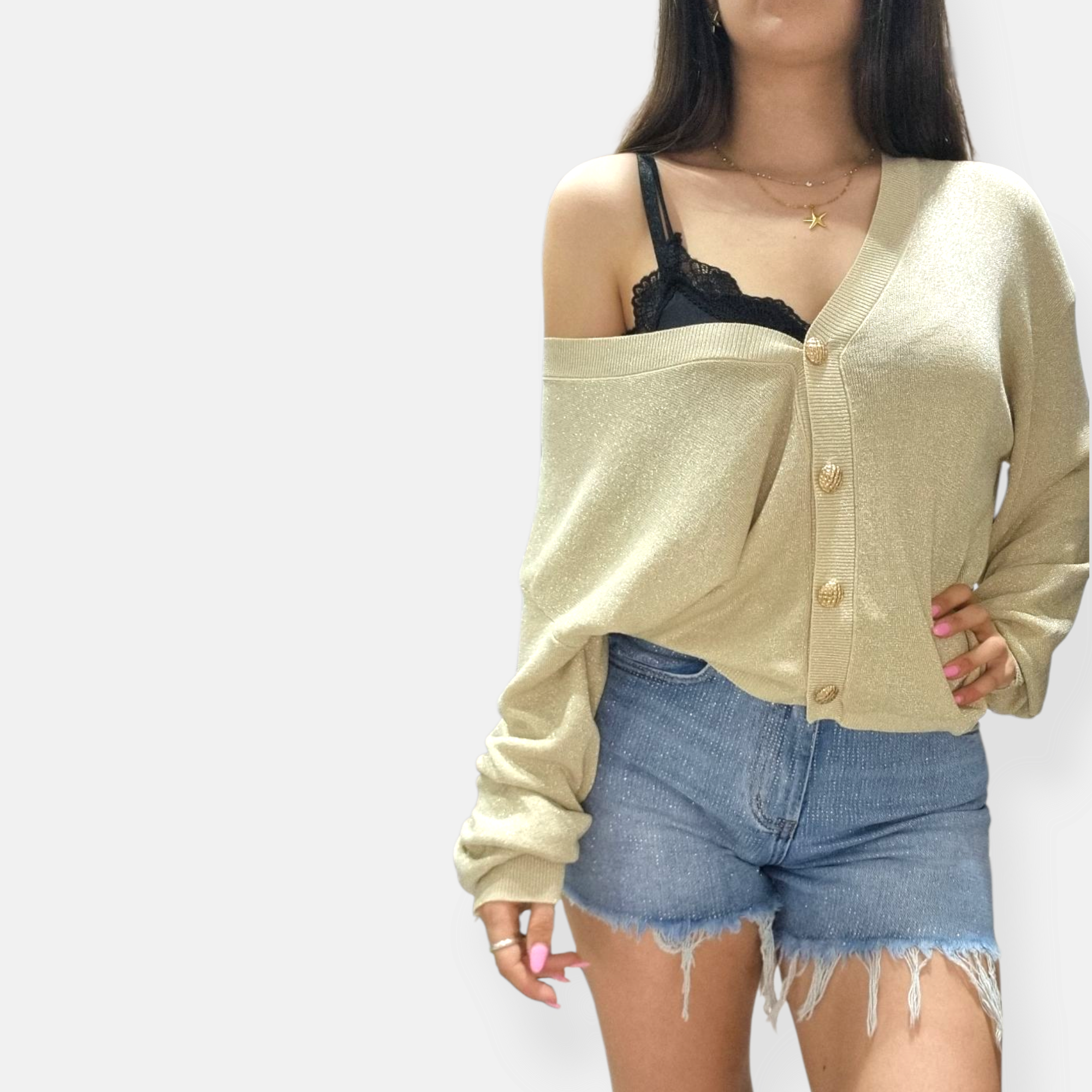CARDIGAN SEM ANASTASIA SCOLLO V BOTTONATO IN LUREX OVER