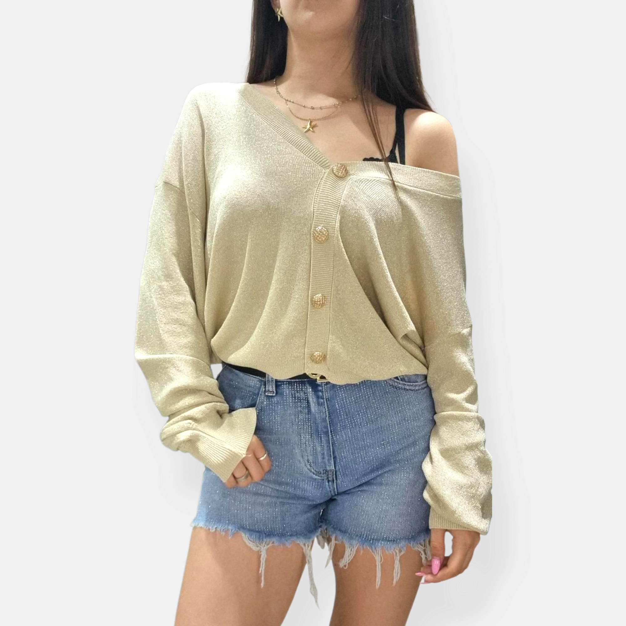CARDIGAN SEM ANASTASIA SCOLLO V BOTTONATO IN LUREX OVER