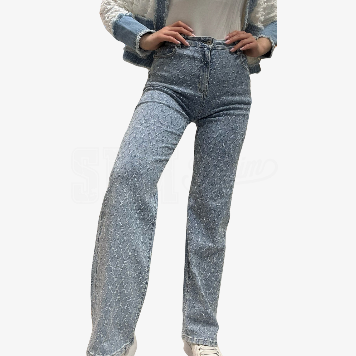 JEANS VITA ALTA STRAIGHT CON TRAMA A ROMBI STRASS