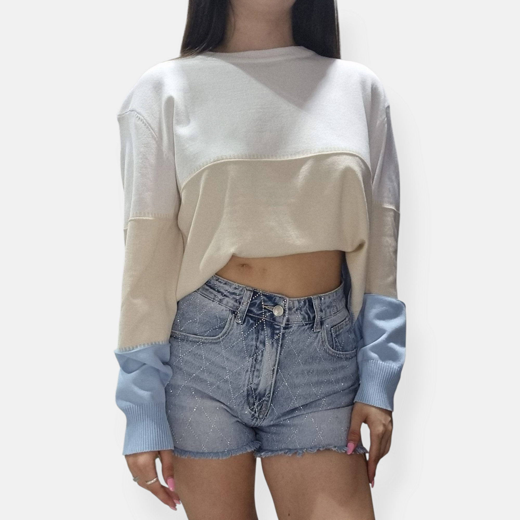 SHORTS VITA ALTA CON DIAMANTINI EFFETTO ROMBO