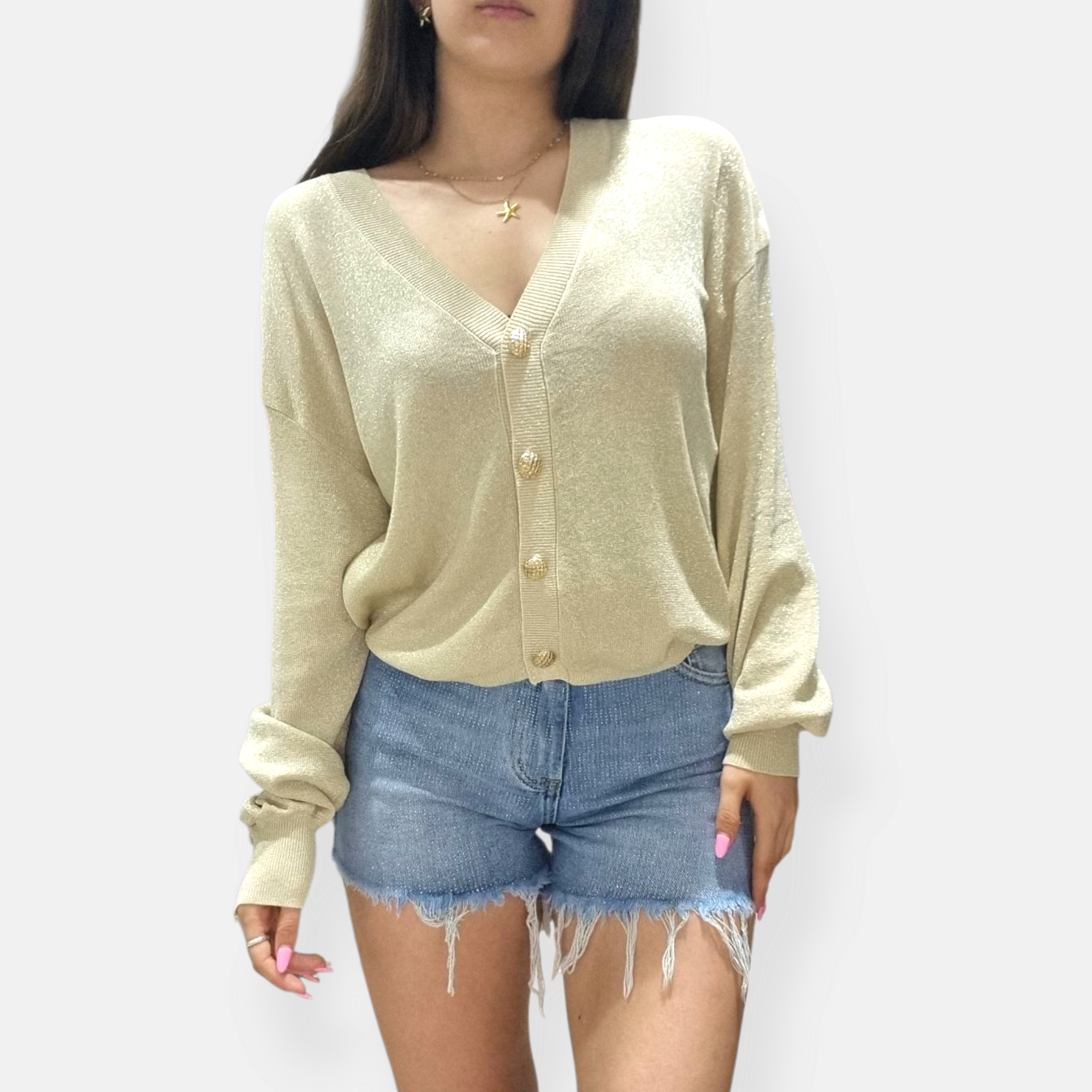 CARDIGAN SEM ANASTASIA SCOLLO V BOTTONATO IN LUREX OVER