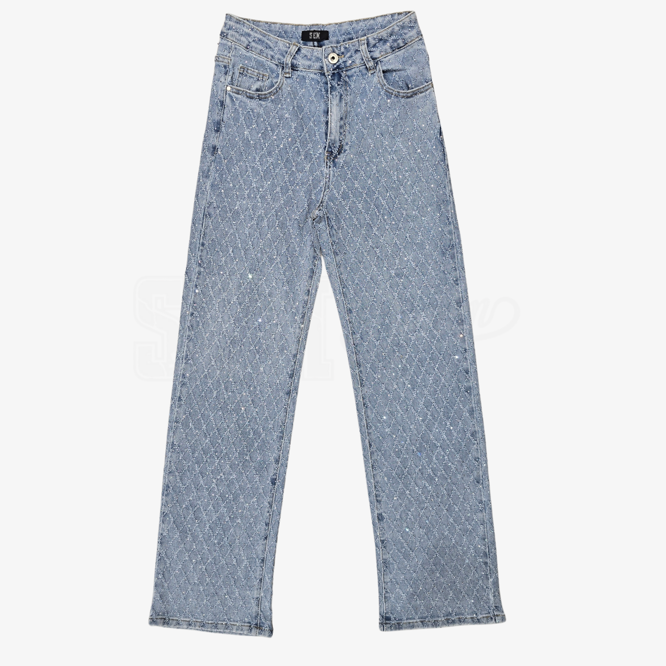 JEANS VITA ALTA STRAIGHT CON TRAMA A ROMBI STRASS