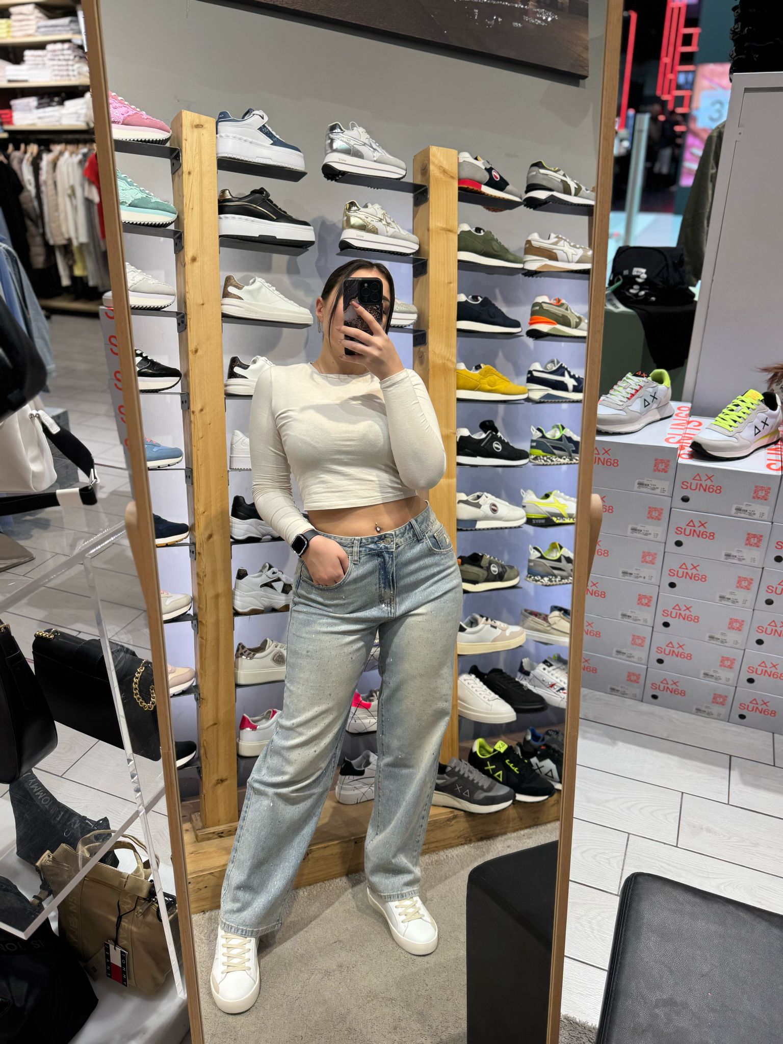 JEANS SEM BIANCA A PALAZZO CON STRASS E ROTTURE RETRO