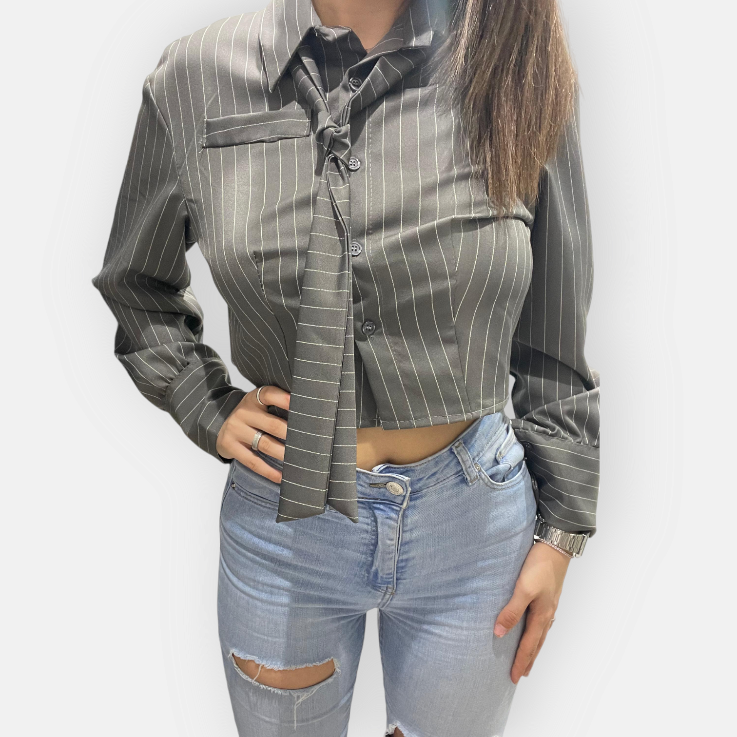 CAMICIA BRIGIDA CROP GESSATO CON CRAVATTINA