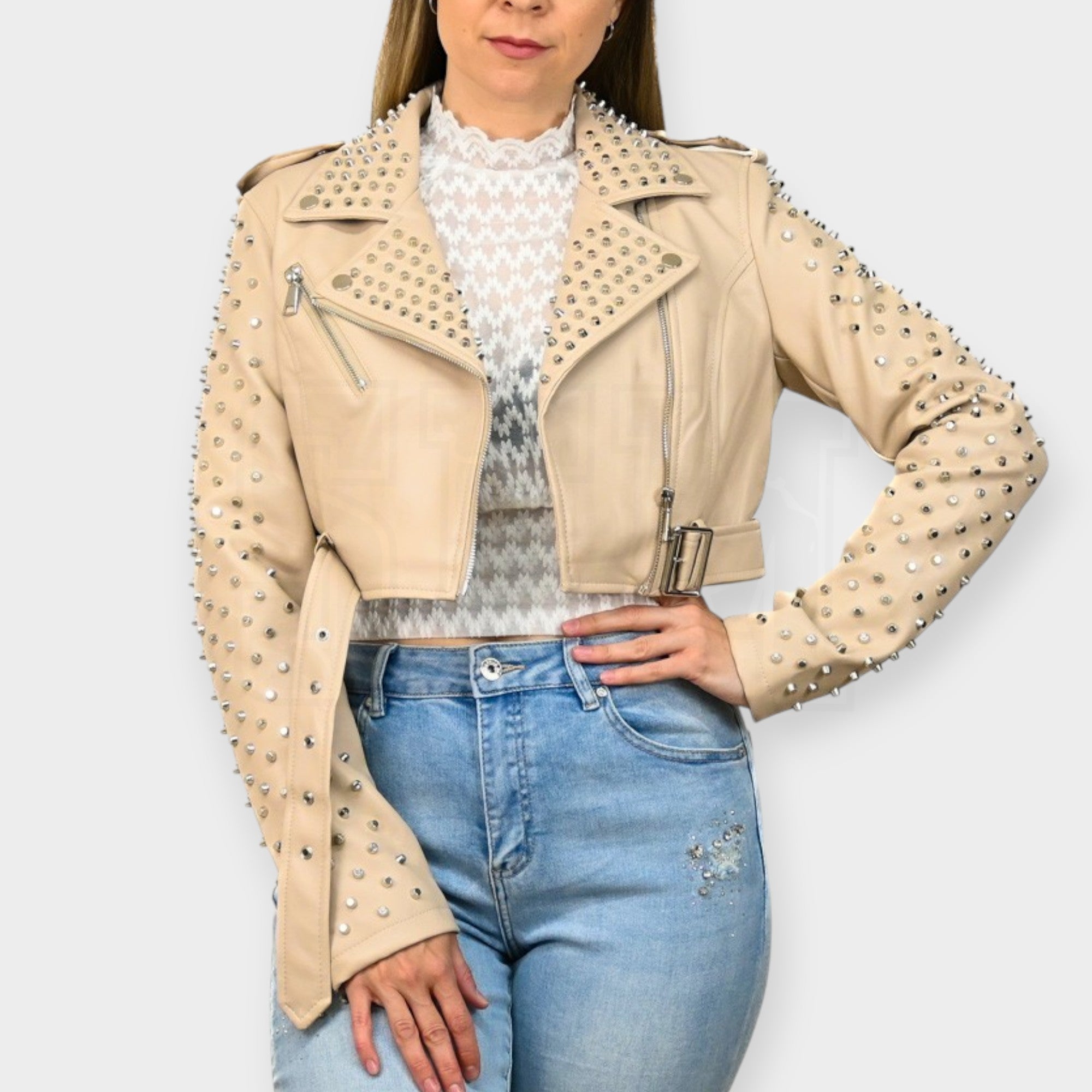 GIACCA CHIODO SEM CROP ECOPELLE COLLO MAN. BORCHIE E GEMME