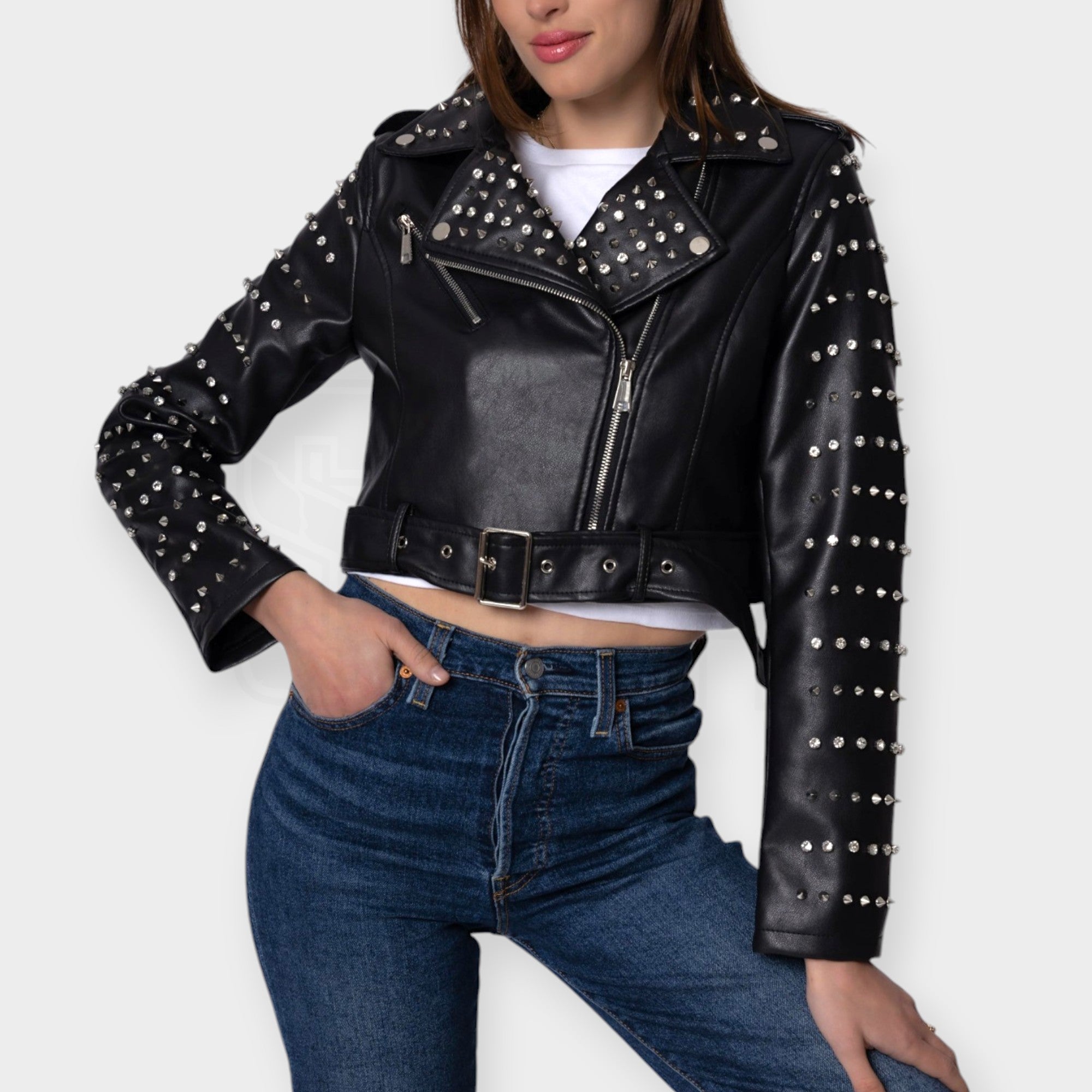 GIACCA CHIODO SEM CROP ECOPELLE COLLO MAN. BORCHIE E GEMME