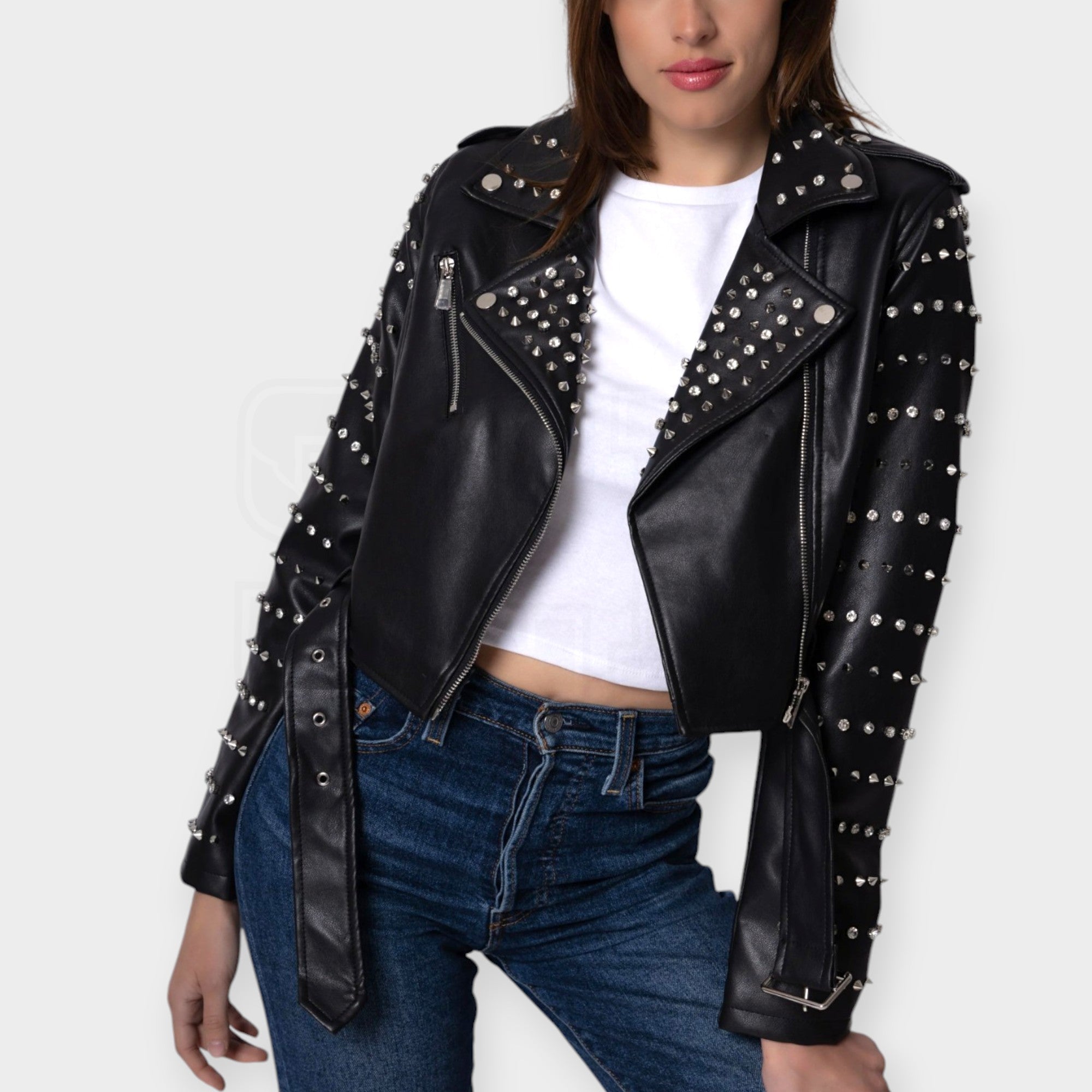GIACCA CHIODO SEM CROP ECOPELLE COLLO MAN. BORCHIE E GEMME