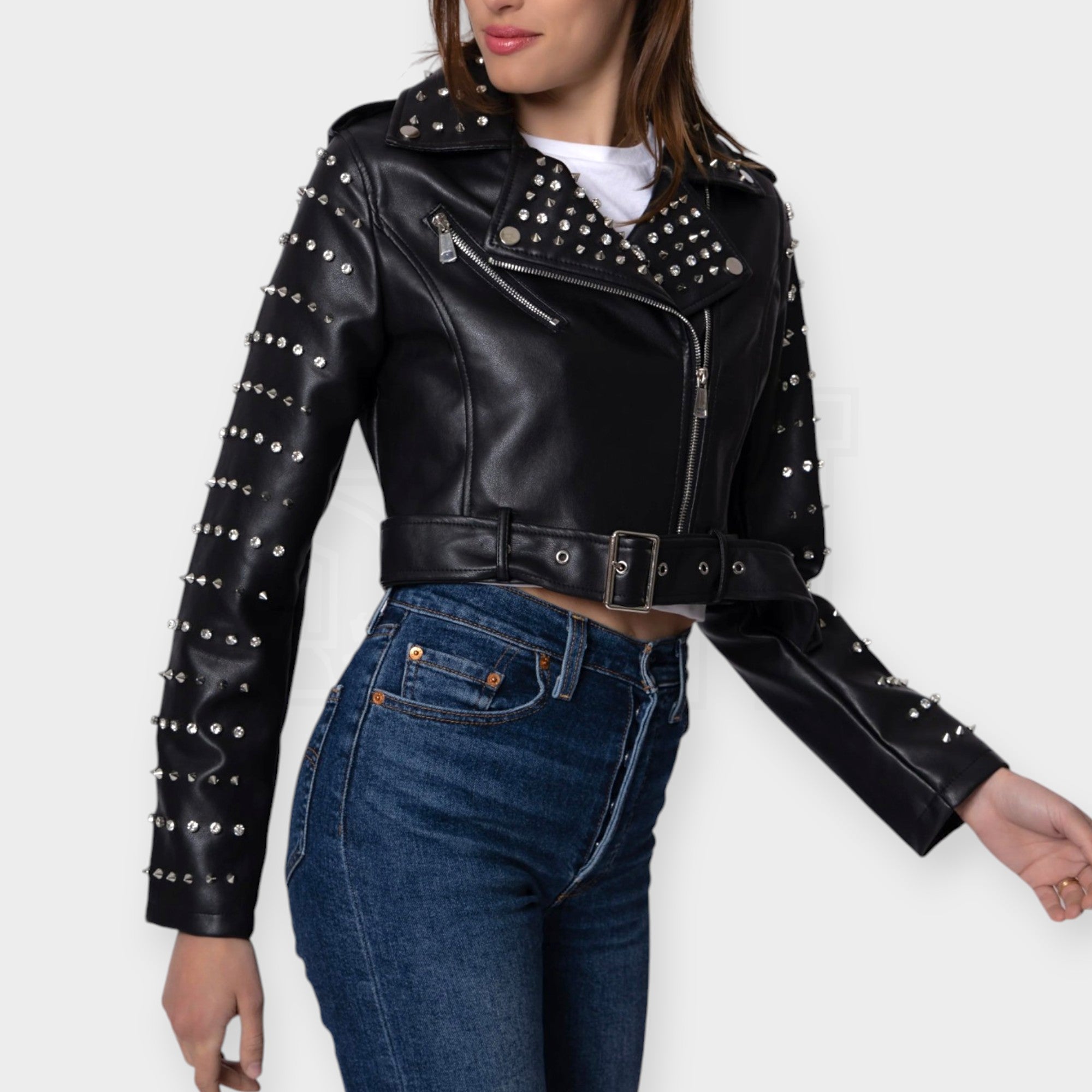 GIACCA CHIODO SEM CROP ECOPELLE COLLO MAN. BORCHIE E GEMME