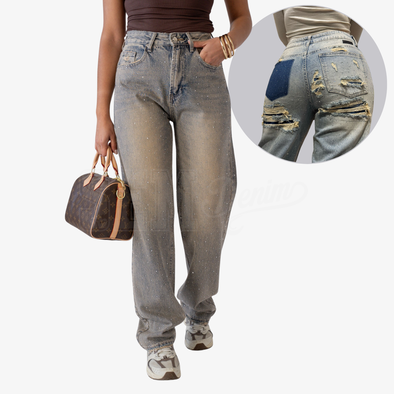 JEANS SEM BIANCA A PALAZZO CON STRASS E ROTTURE RETRO