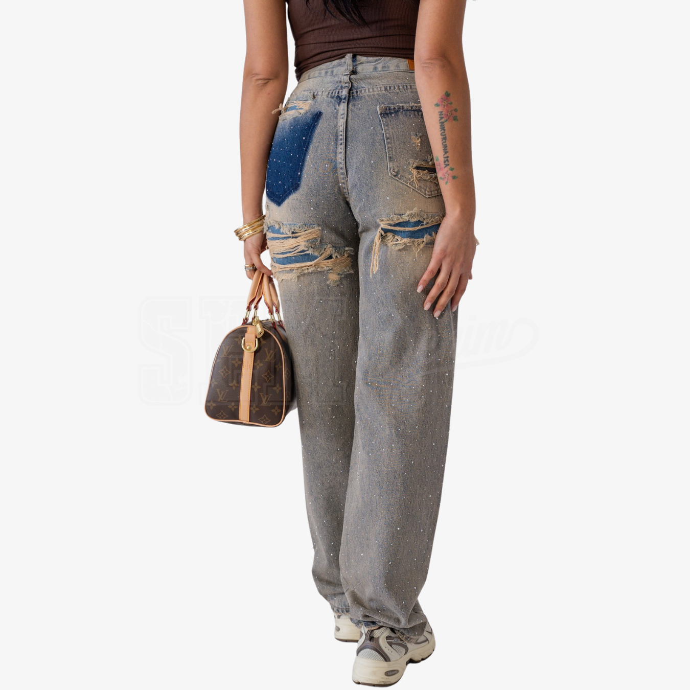 JEANS SEM BIANCA A PALAZZO CON STRASS E ROTTURE RETRO