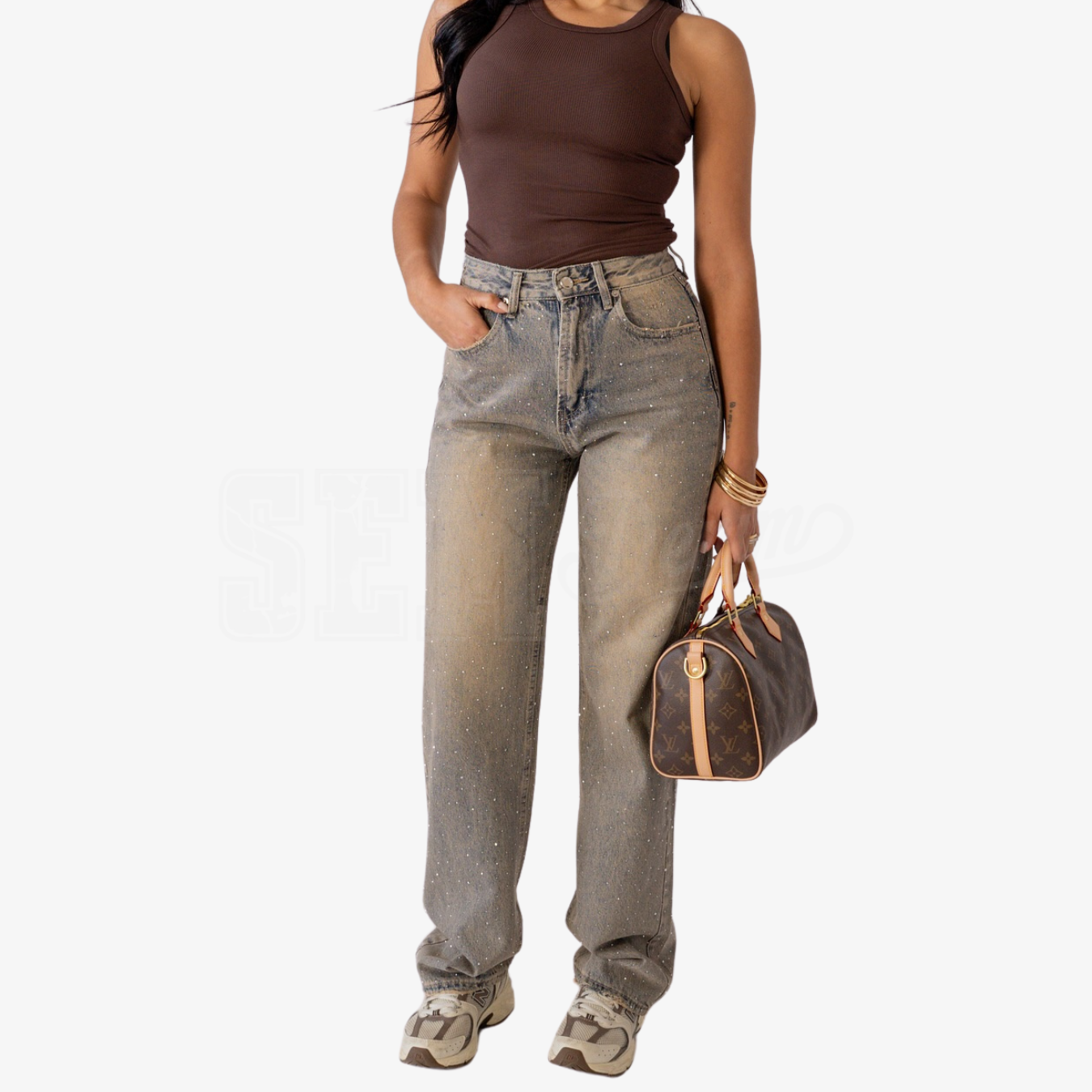 JEANS SEM BIANCA A PALAZZO CON STRASS E ROTTURE RETRO
