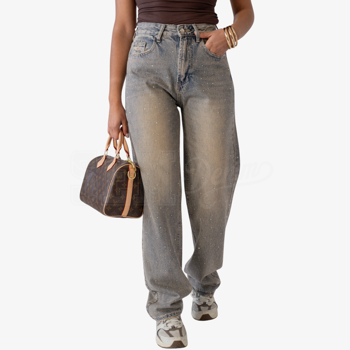 JEANS SEM BIANCA A PALAZZO CON STRASS E ROTTURE RETRO
