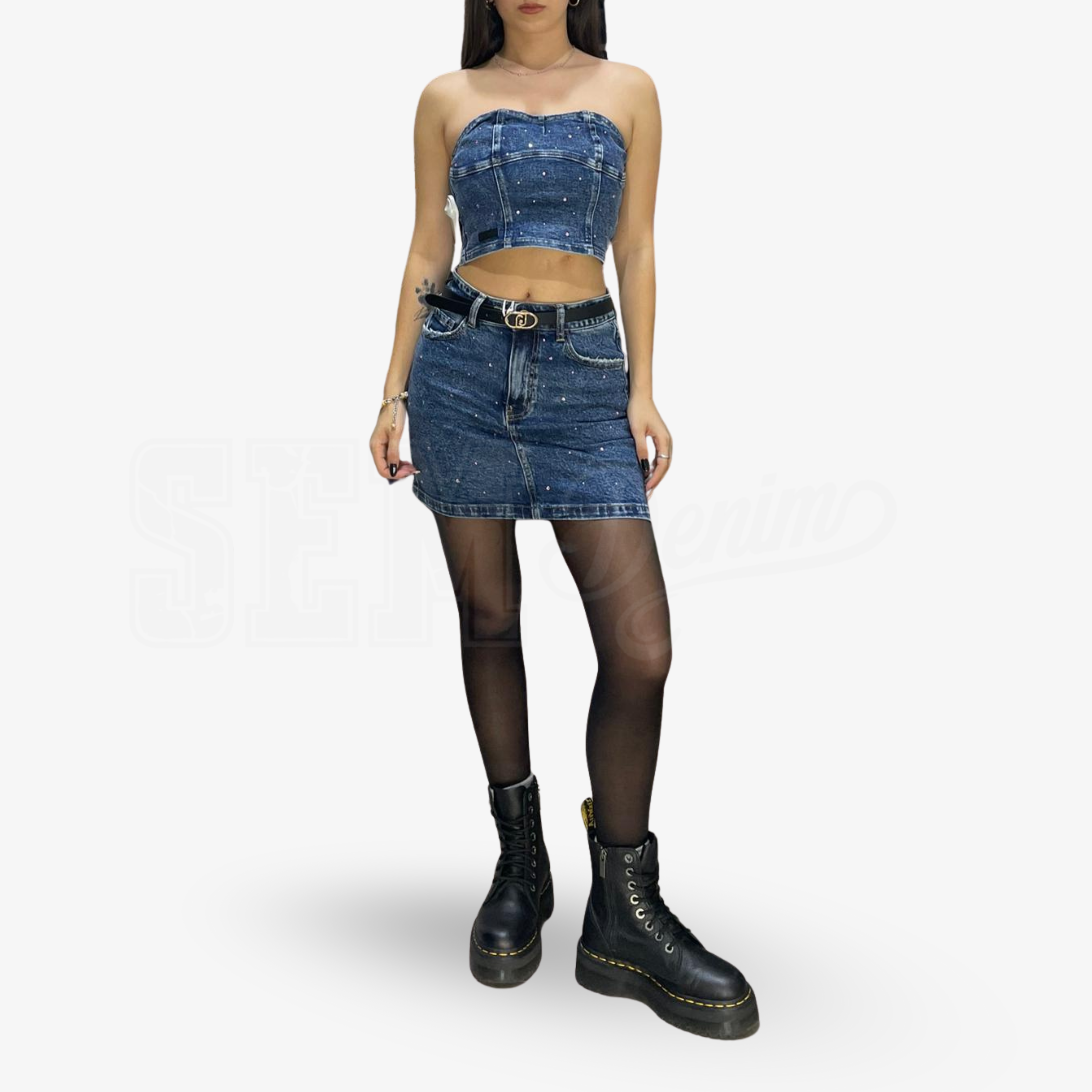 COORDINATO SEM ALESSIA MINIGONNA E TOP DENIM STRASS ROSATO