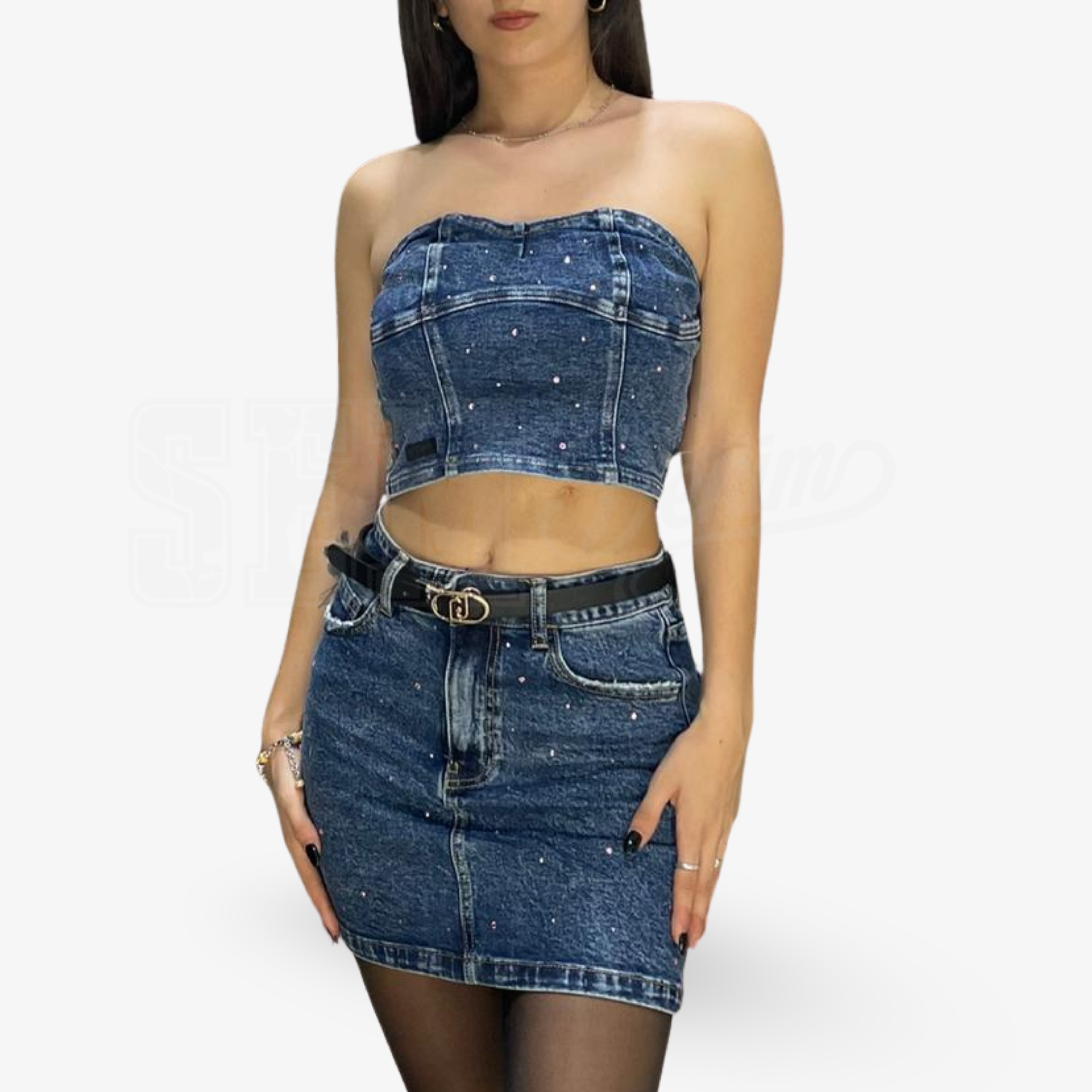 COORDINATO SEM ALESSIA MINIGONNA E TOP DENIM STRASS ROSATO